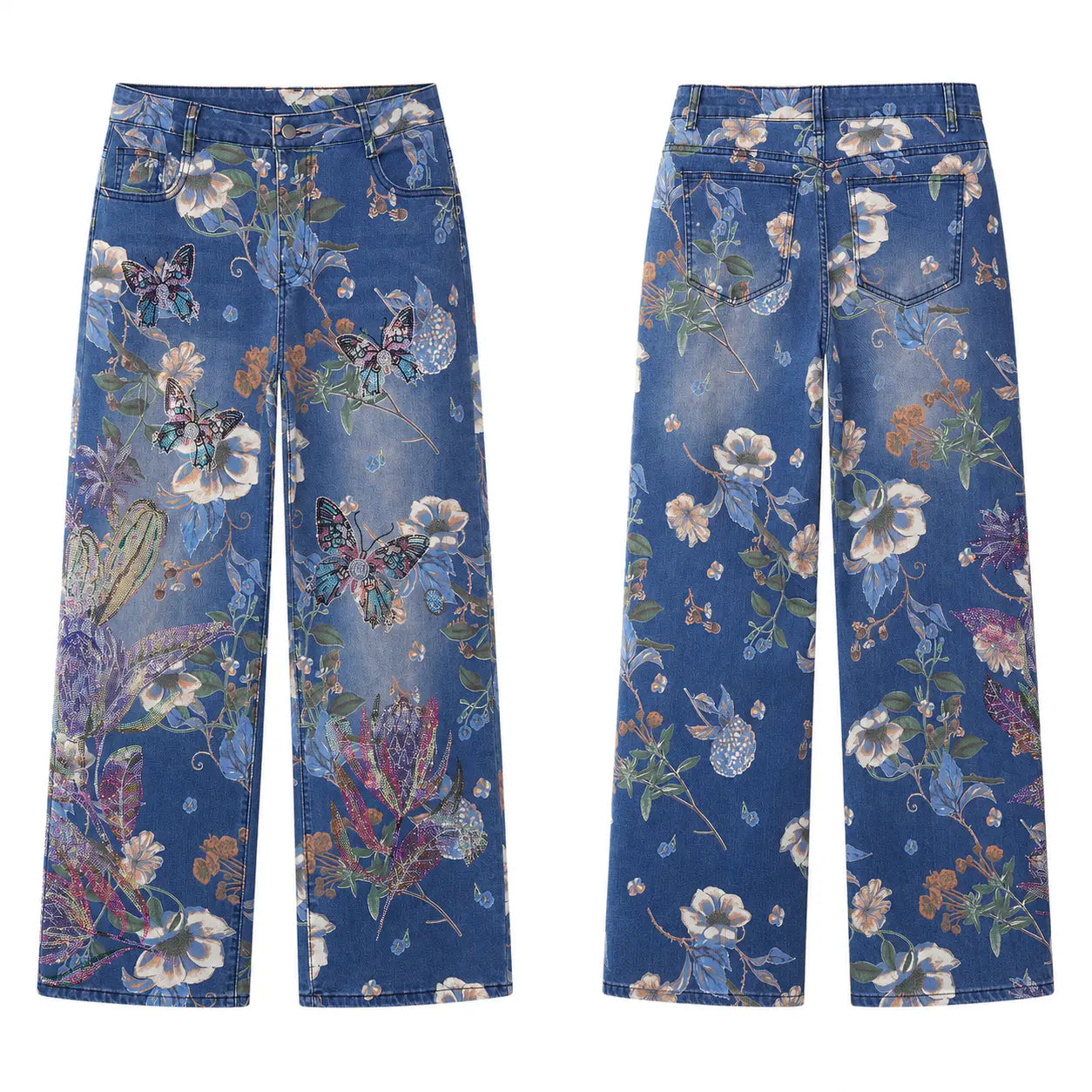 Pair of blue floral-patterned pants on a white background, TCH Rhinestone Butterfly Floral Print Denim Jeans