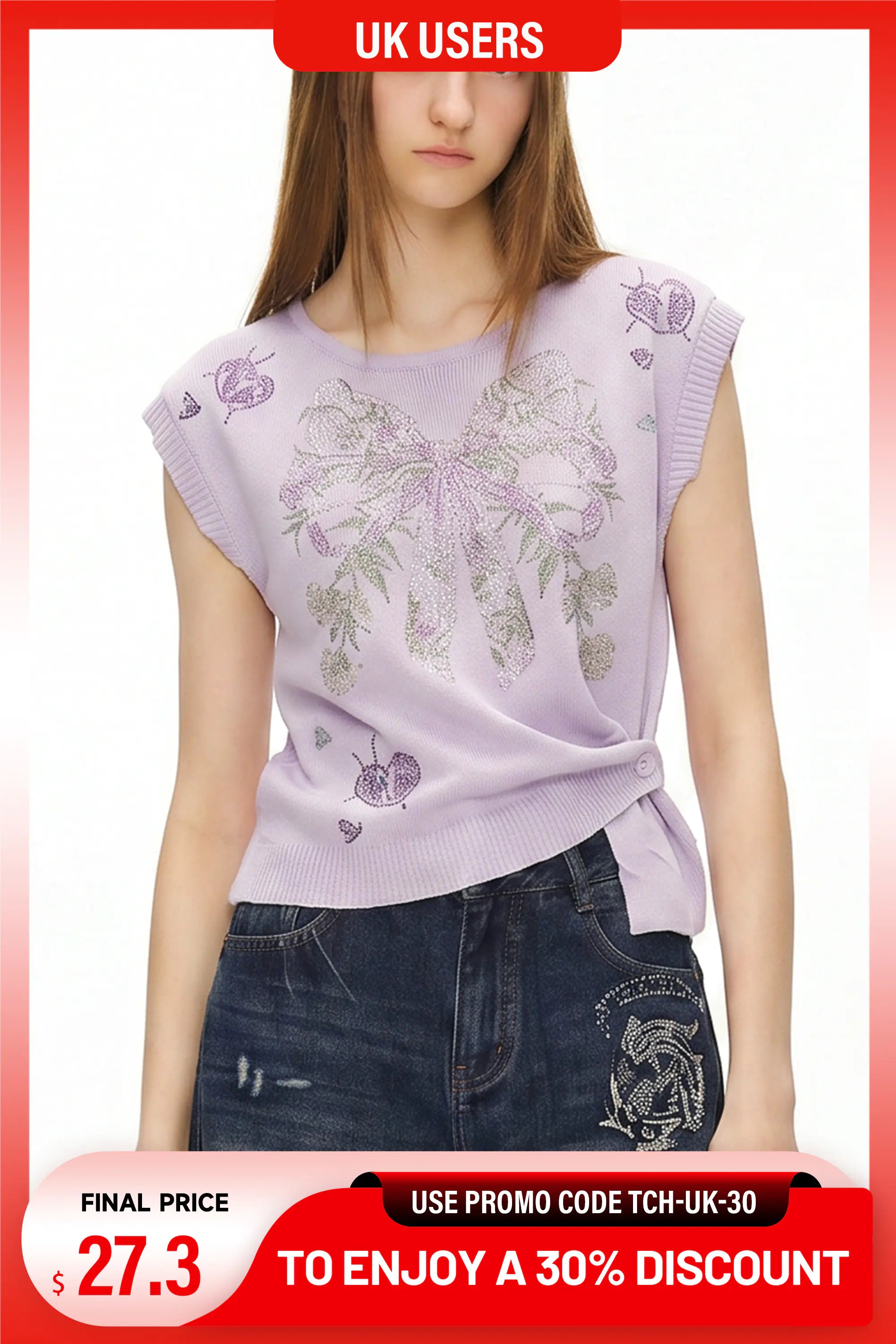 A woman wearing a lavender sleeveless knit top with floral embroidery, paired with dark blue jeans, set against a white background with promotional text overlays. TCH Rhinestone Butterfly Knit Twist Top