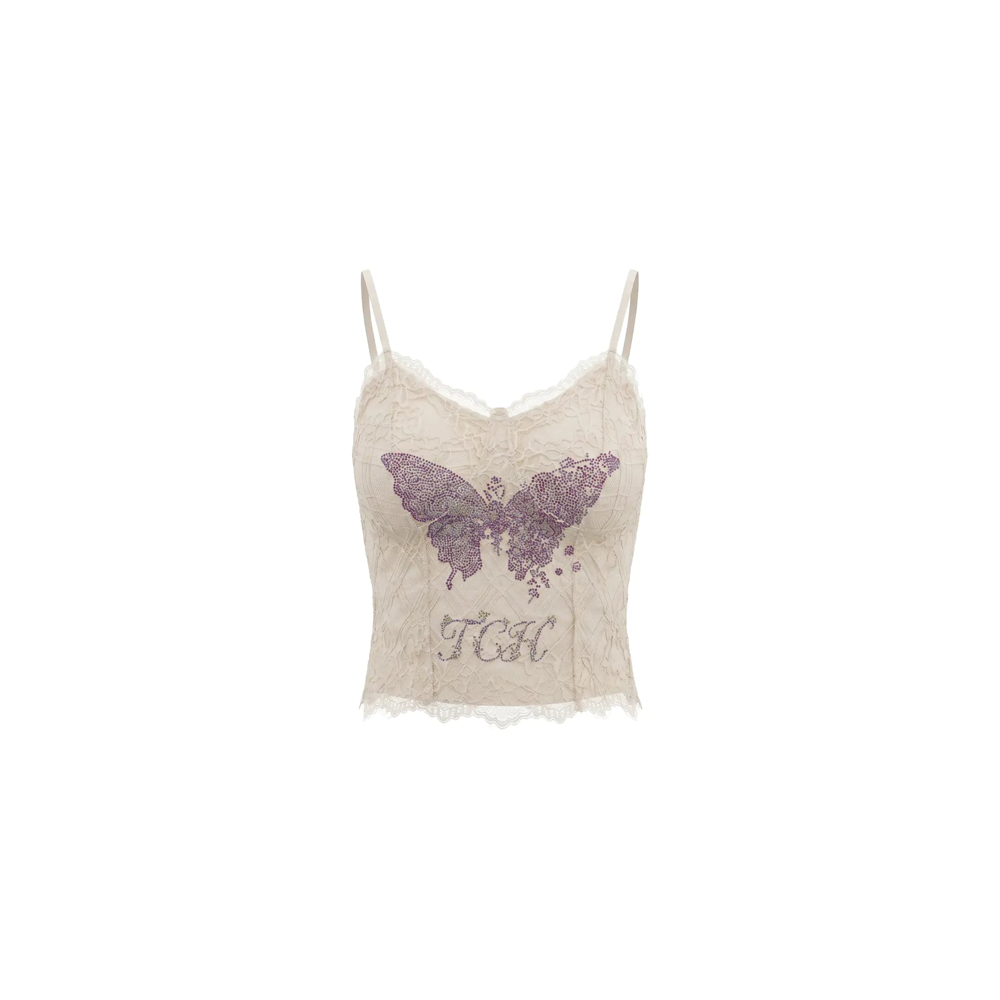 A light beige lace camisole top with thin straps, featuring a purple glitter butterfly graphic and the letters 'FEC' in a glittery font on the front, set against a plain white background. TCH Rhinestone Butterfly Lace Cami Top