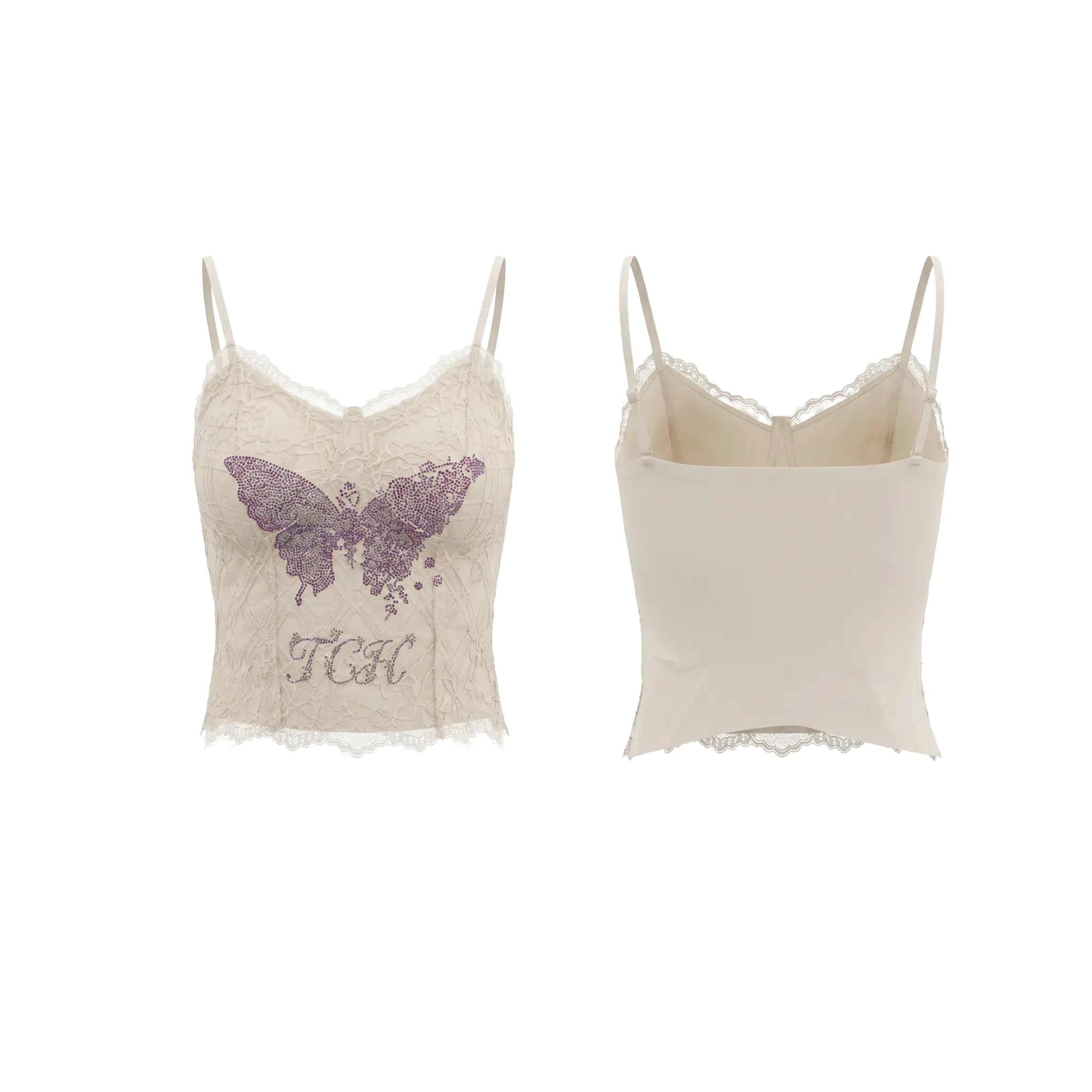 Two views of a cream-colored lace camisole top with thin straps, a butterfly graphic, and the letters 'FCA' on a white background. TCH Rhinestone Butterfly Lace Cami Top