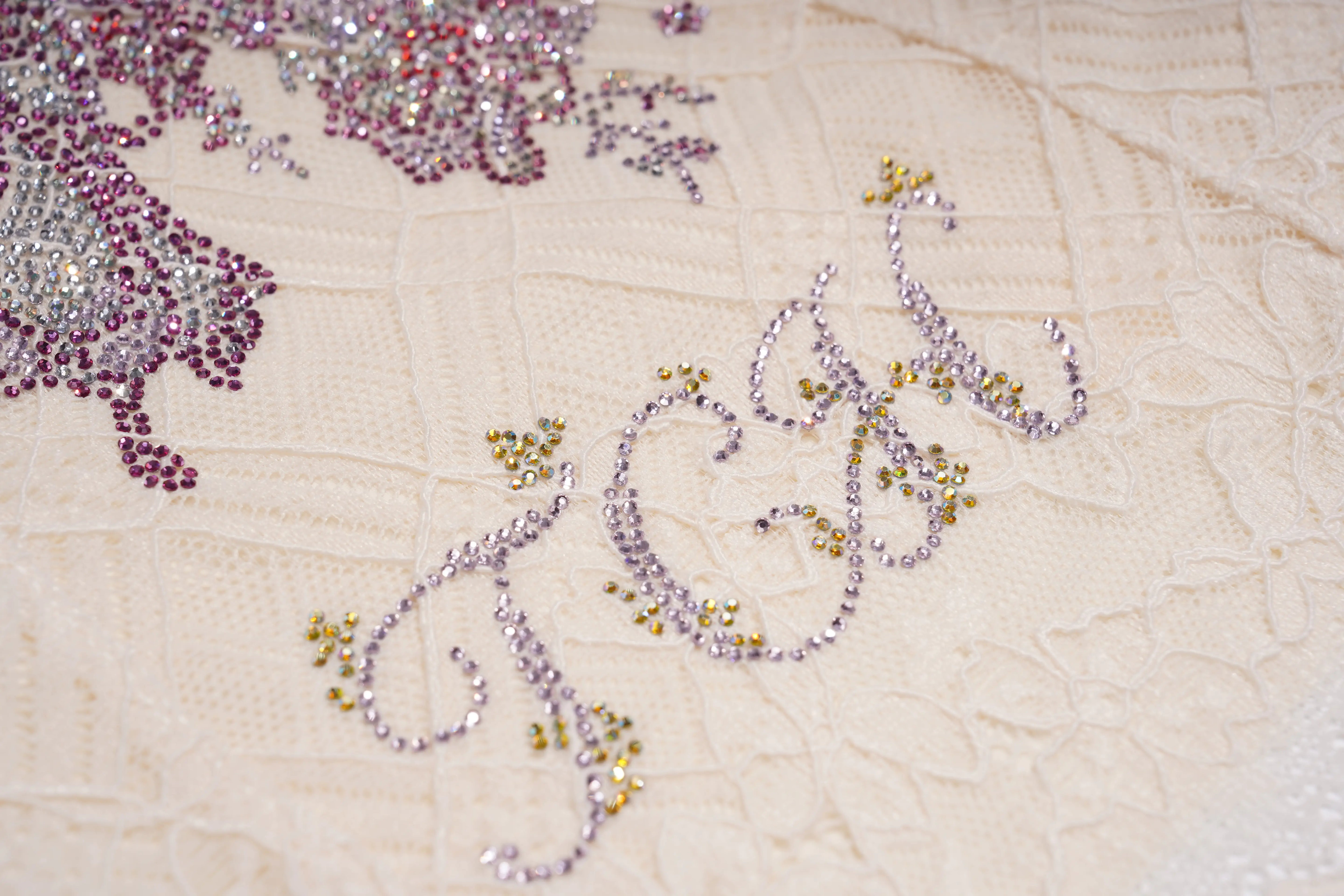Close-up of a beige lace fabric with silver rhinestone monogram embroidery reading 'JCM' and small gold rhinestone accents, alongside a floral embellishment in silver and mauve beads. TCH Rhinestone Butterfly Lace Cami Top
