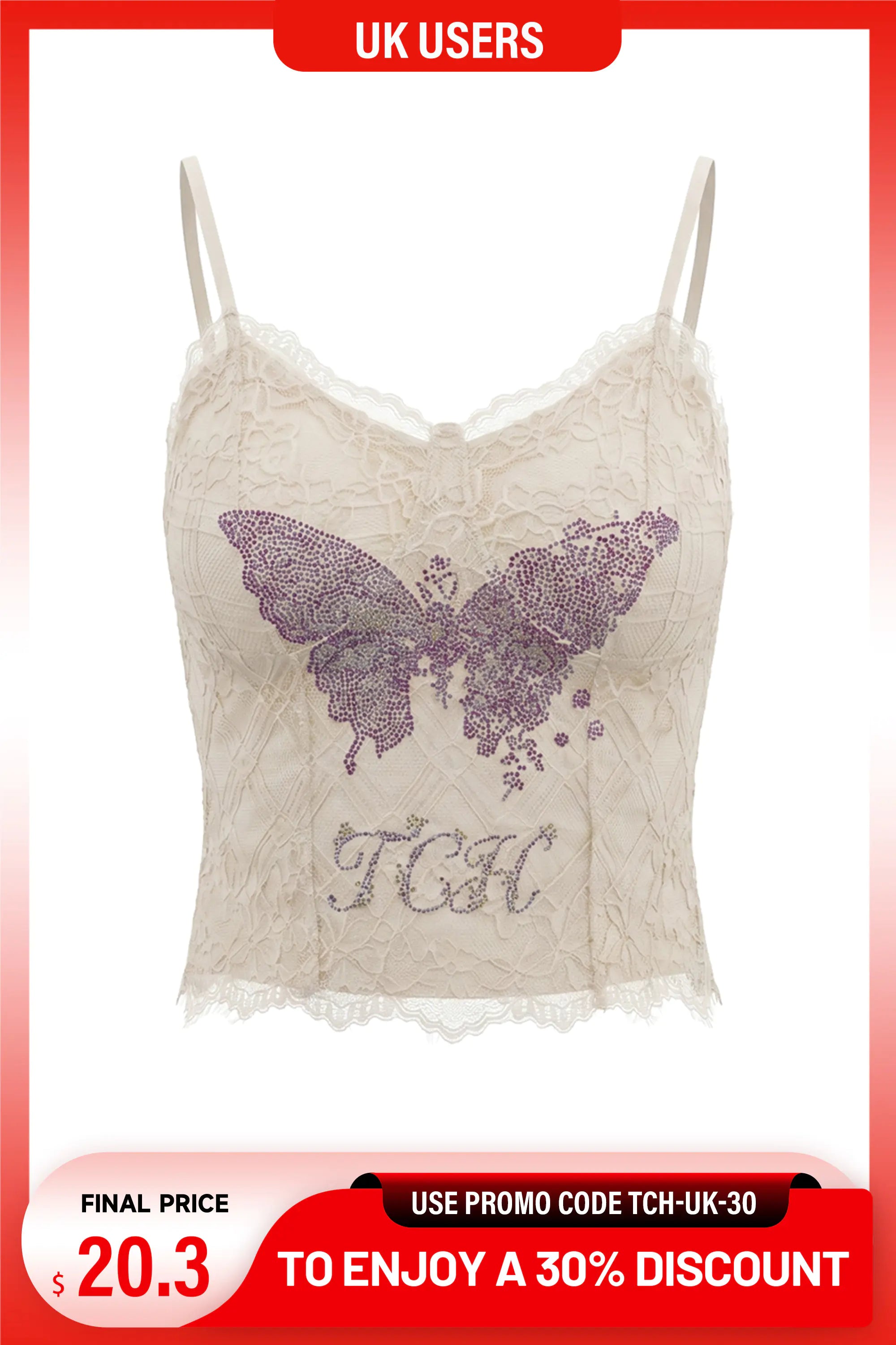 An off-white lace camisole top with a purple rhinestone butterfly and 'TCH' lettering on the front, displayed on a white background with promotional text overlays. TCH Rhinestone Butterfly Lace Cami Top
