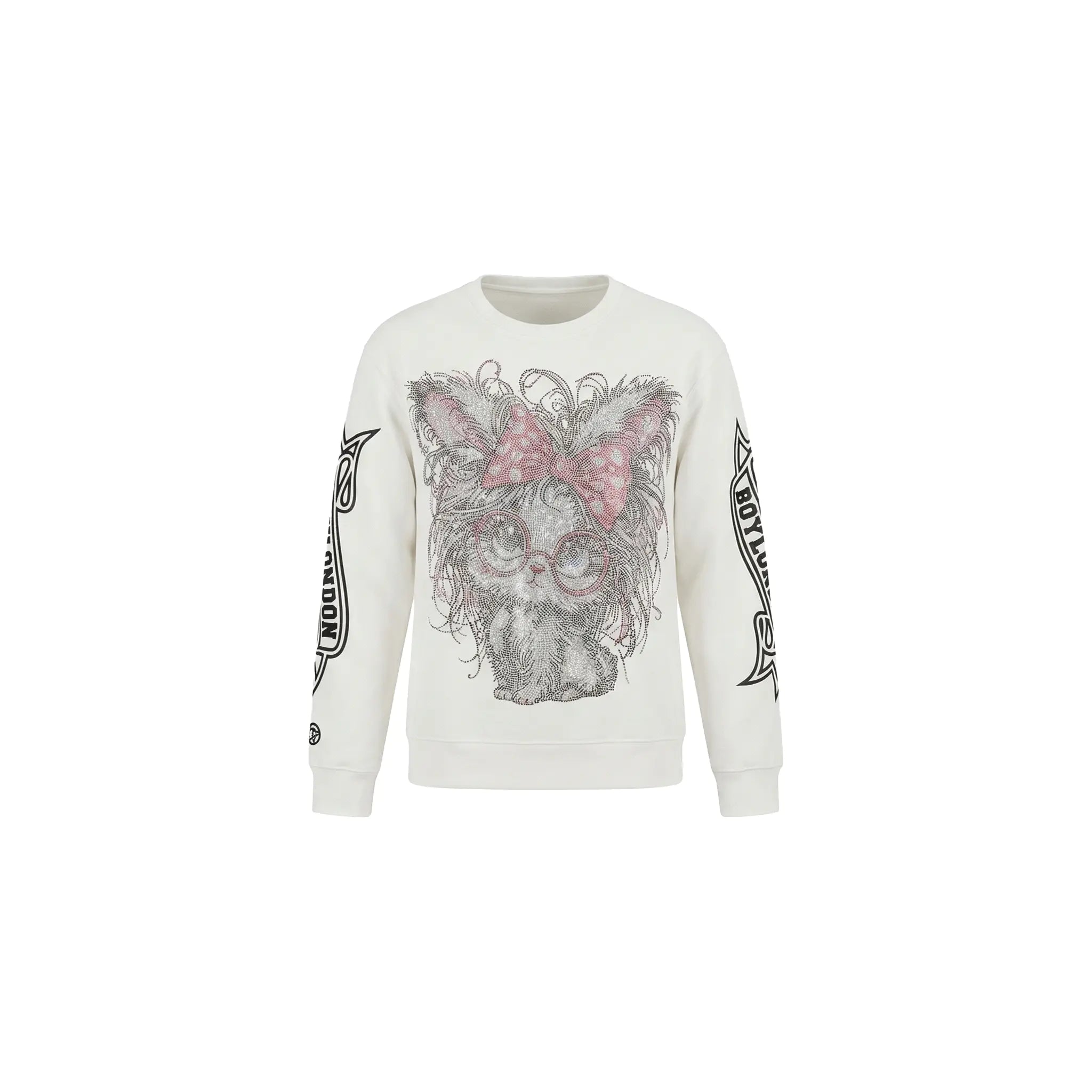 White sweatshirt with graphic design on a white background, TCH Rhinestone Cat Graphic Crew Neck Sweatshirt