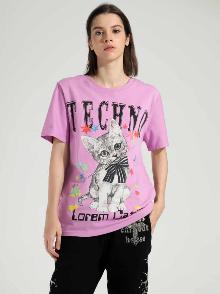 TCH Rhinestone Cat Printed Crew Neck T-shirt Purple HighEnd Luxury Streetwear Brand Official Showcase