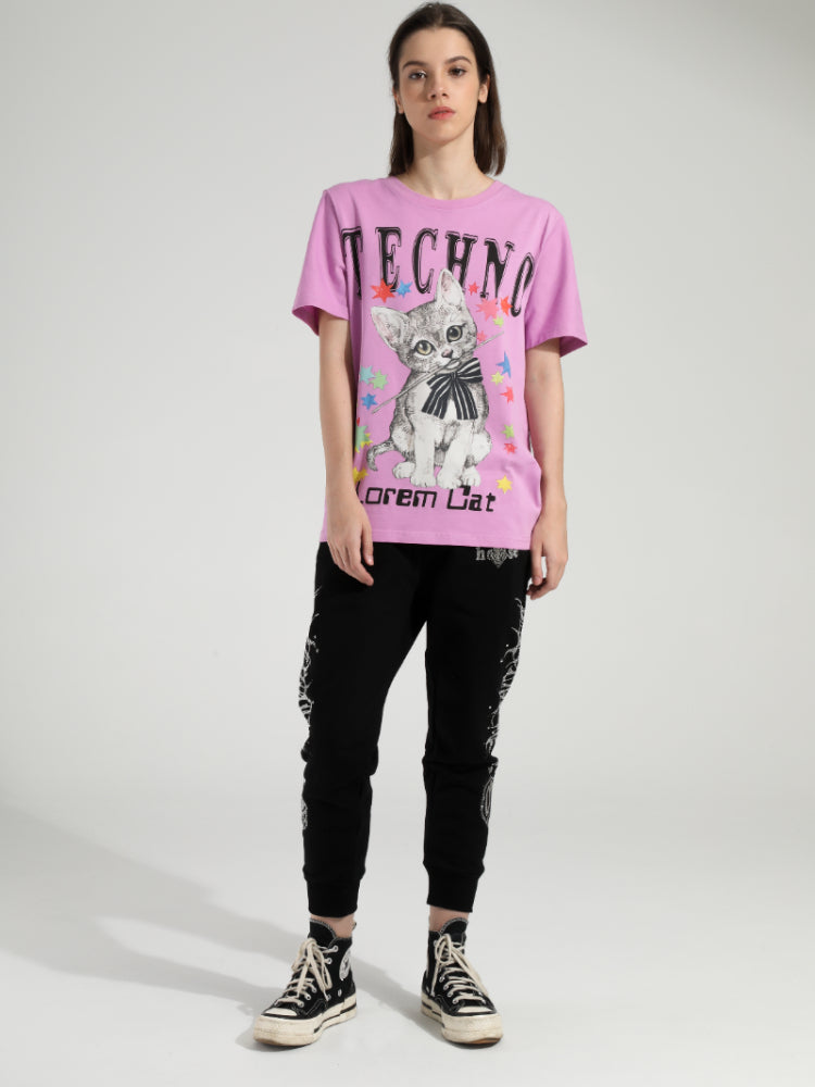 TCH Rhinestone Cat Printed Crew Neck T-shirt Purple HighEnd Luxury Streetwear Brand Official Showcase
