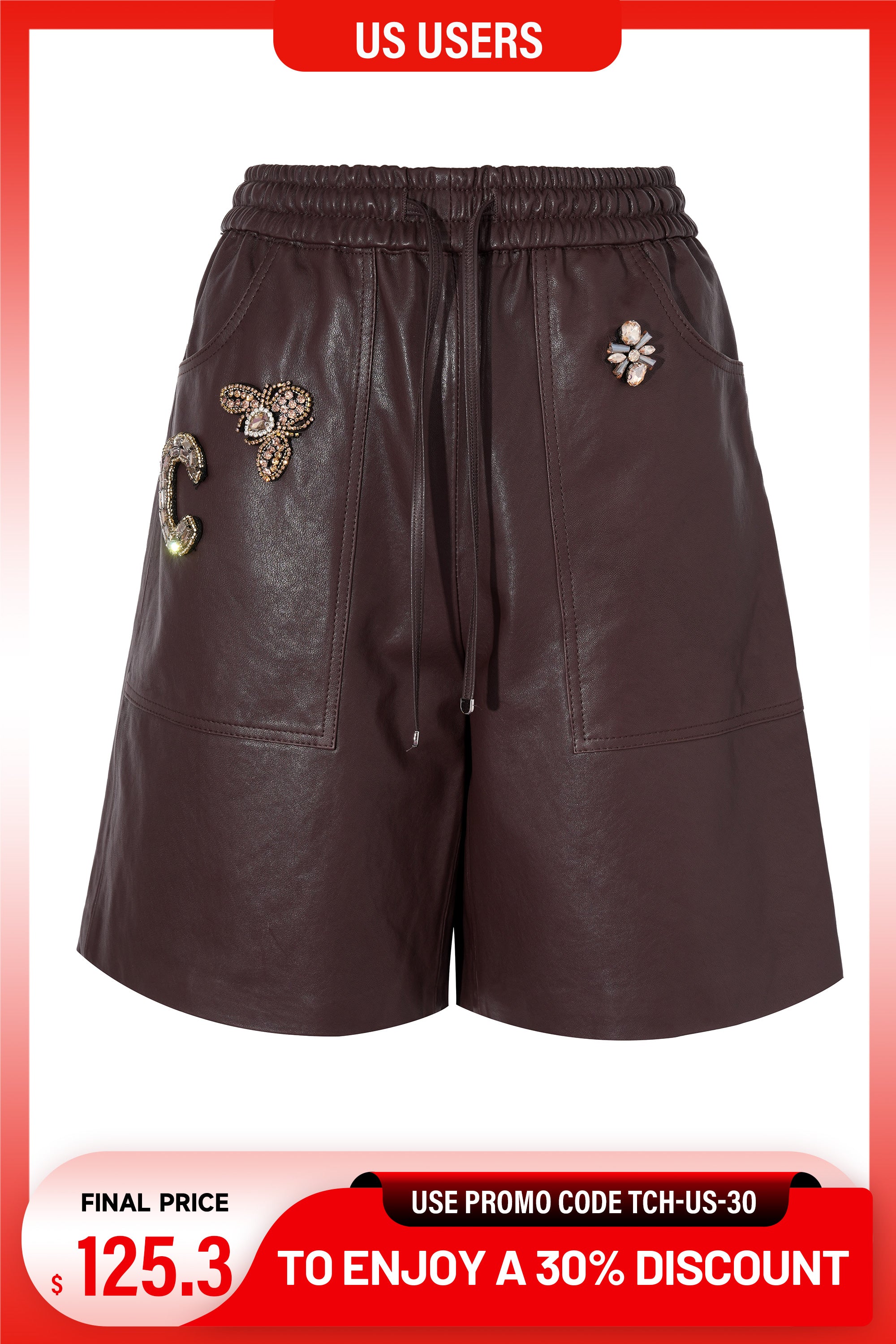 Brown leather shorts with decorative elements on a white background, with a promotional banner at the bottom. TCH Rhinestone Charm Faux Leather Brown Shorts