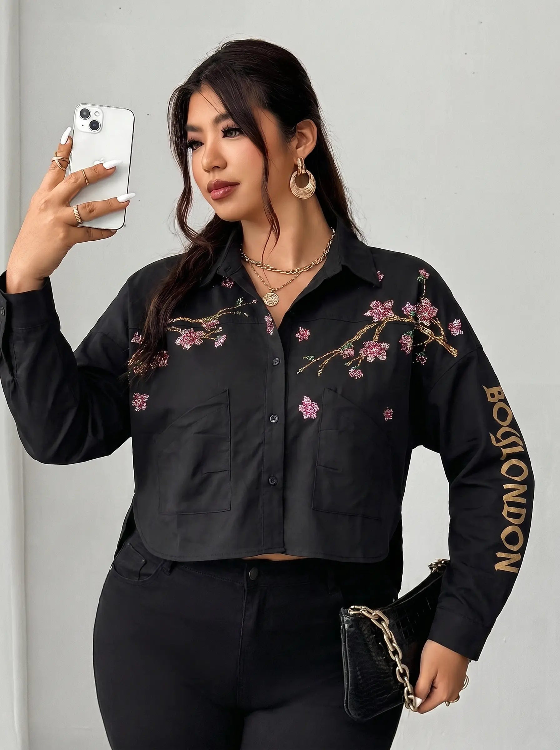 TCH Rhinestone Cherry Blossom Utility Shirt Jacket TCH Rhinestone Cherry Blossom Utility Shirt Jacket