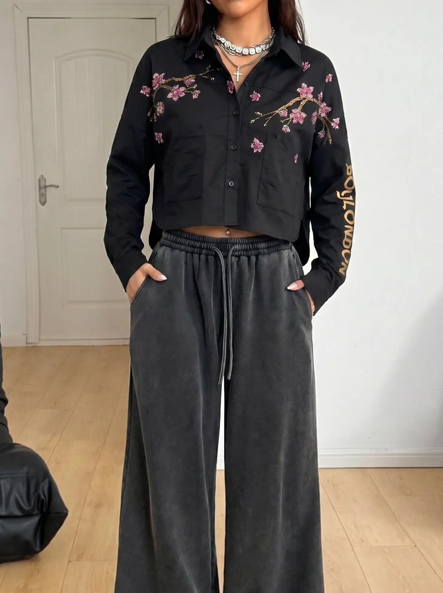 TCH Rhinestone Cherry Blossom Utility Shirt Jacket TCH Rhinestone Cherry Blossom Utility Shirt Jacket