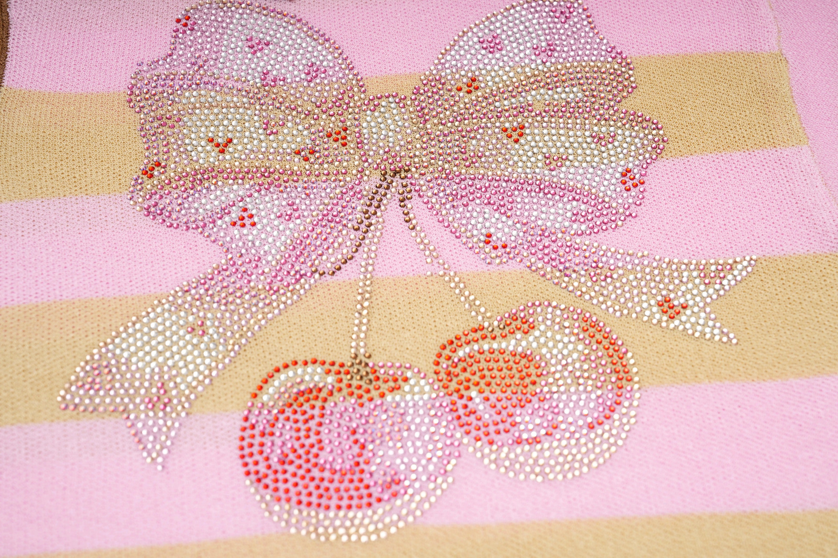 Decorative headband with a bow and peach designs on a pink and gold striped background, TCH Rhinestone Cherry Bow Pink Striped Polo Long Sleeve Shirt