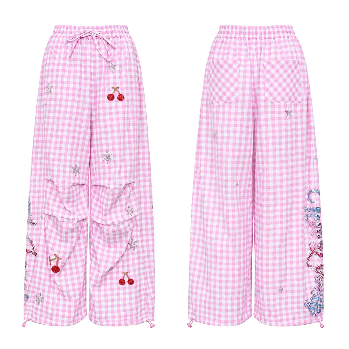 Pink and white gingham wide-leg pants shown from the front and back, featuring cherry and star embroidery, cargo pockets, and drawstring hems. TCH Rhinestone Cherry Gingham Cargo Wide-Leg Pants