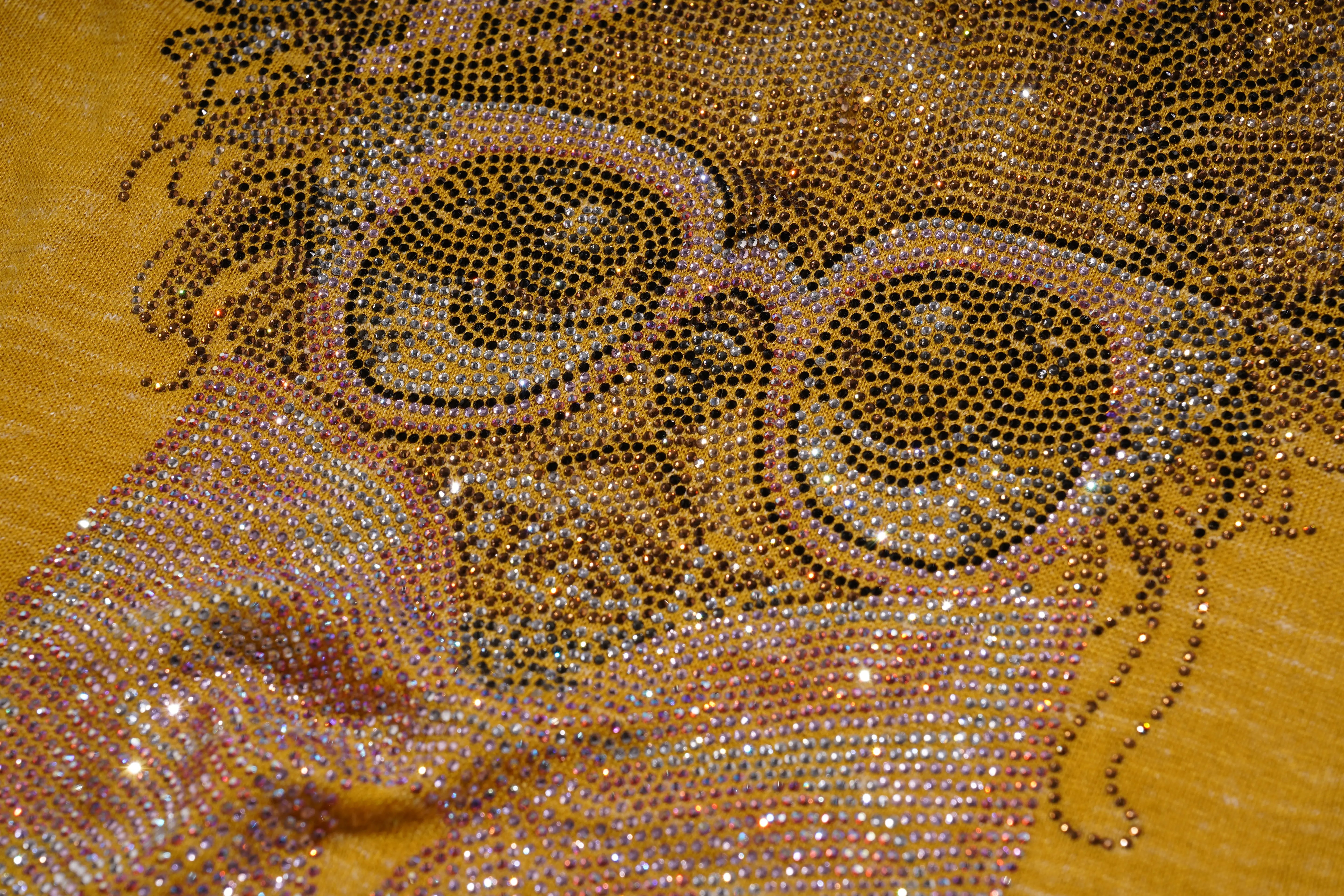 Close-up of a face with rhinestone embellishments on a yellow background, TCH Rhinestone Chihuahua Galaxy Set