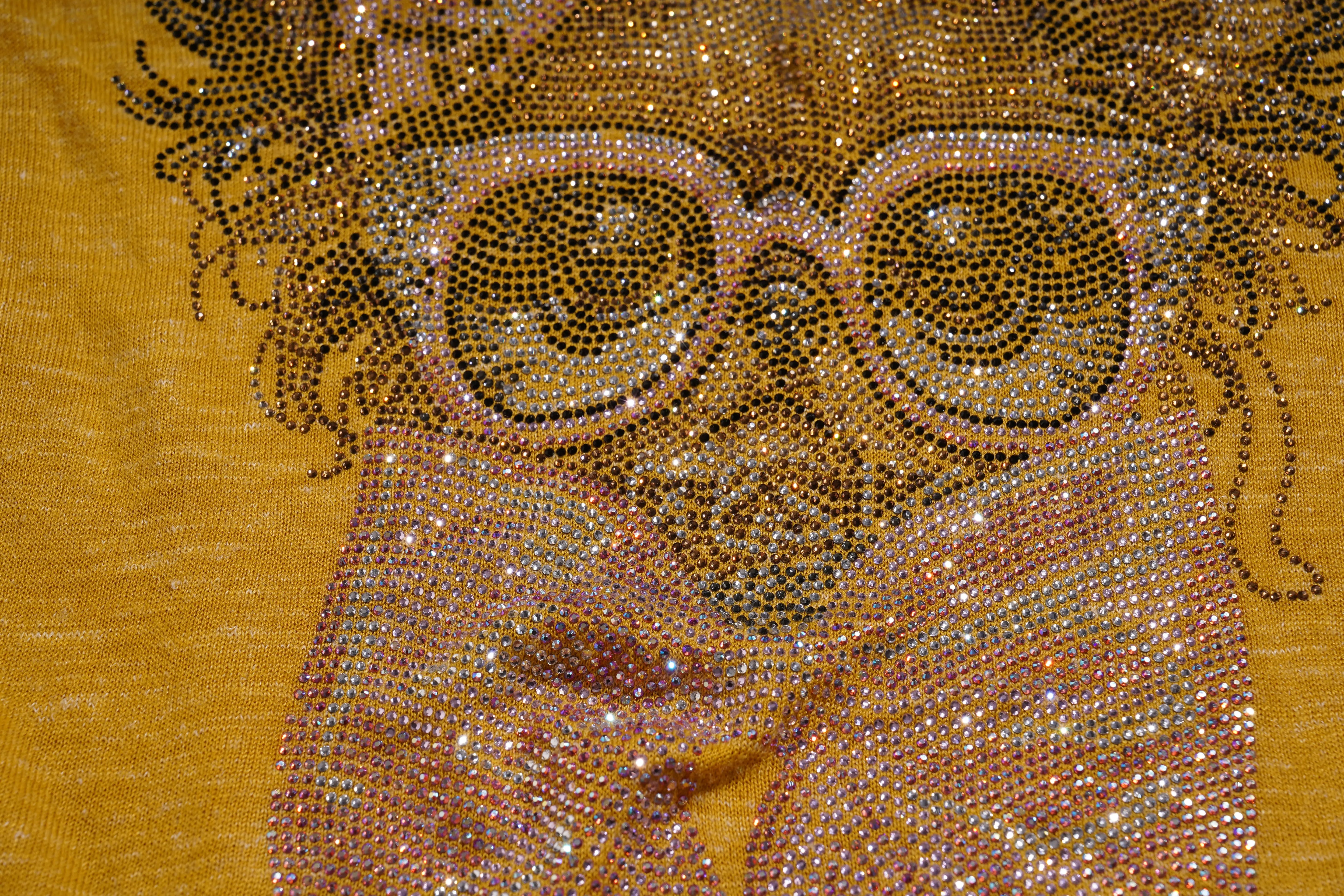 Close-up of a person wearing glasses with a decorative pattern on a yellow background. TCH Rhinestone Chihuahua Galaxy Set
