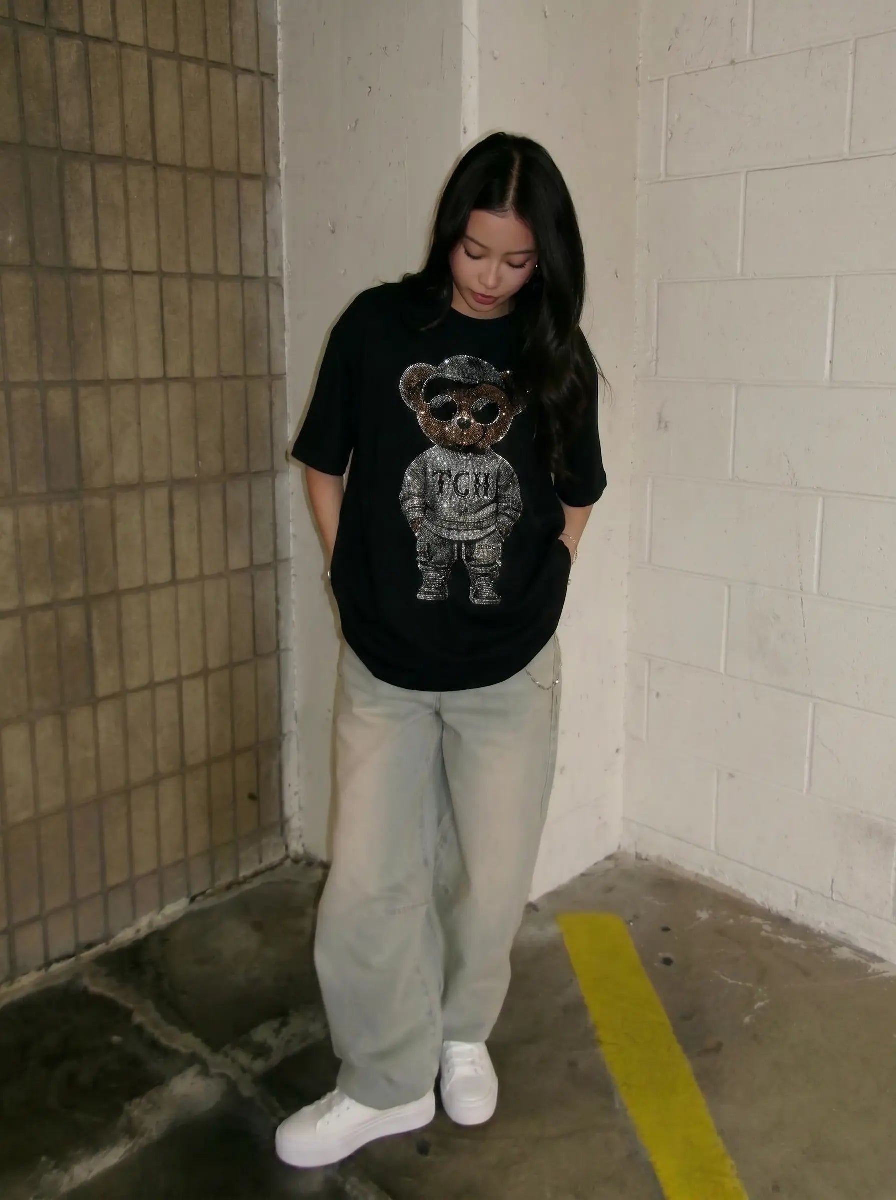 TCH Rhinestone Cool Bear Graphic Black T-Shirt Luxury Streetwear Brand Official Showcase
