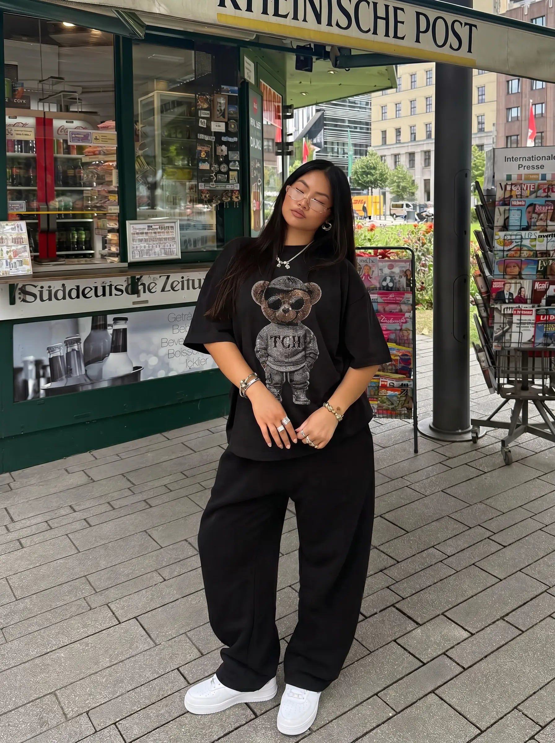 TCH Rhinestone Cool Bear Graphic Black T-Shirt Luxury Streetwear Brand Official Showcase