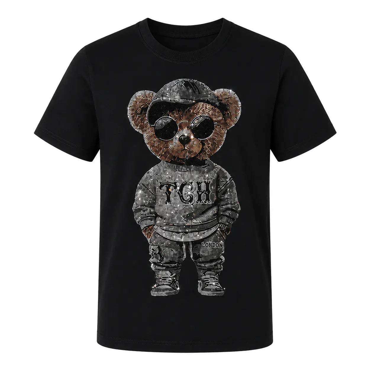 TCH Rhinestone Cool Bear Graphic Black T-Shirt Luxury Streetwear Brand Official Showcase