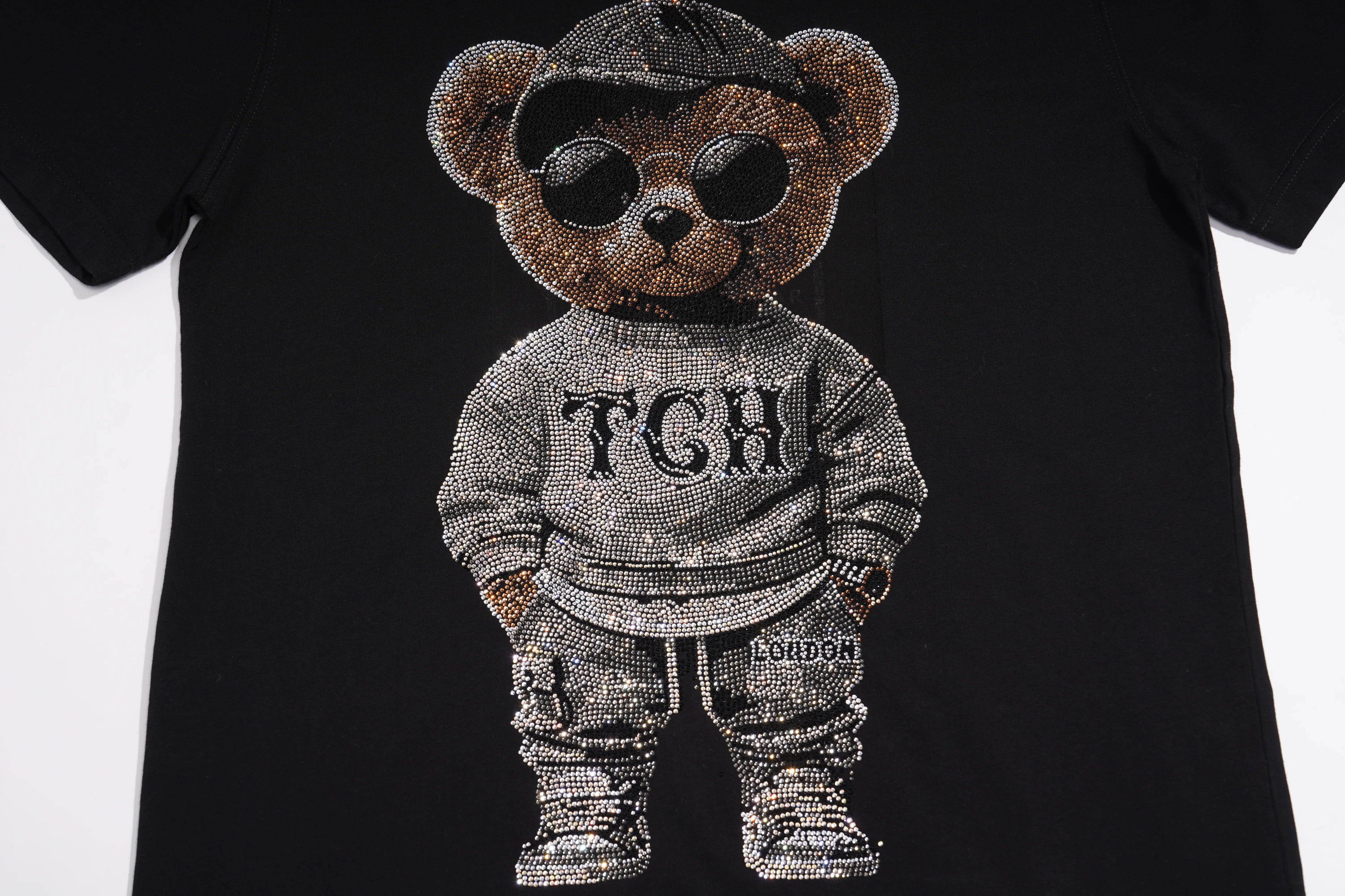 TCH Rhinestone Cool Bear Graphic Black T-Shirt Luxury Streetwear Brand Official Showcase