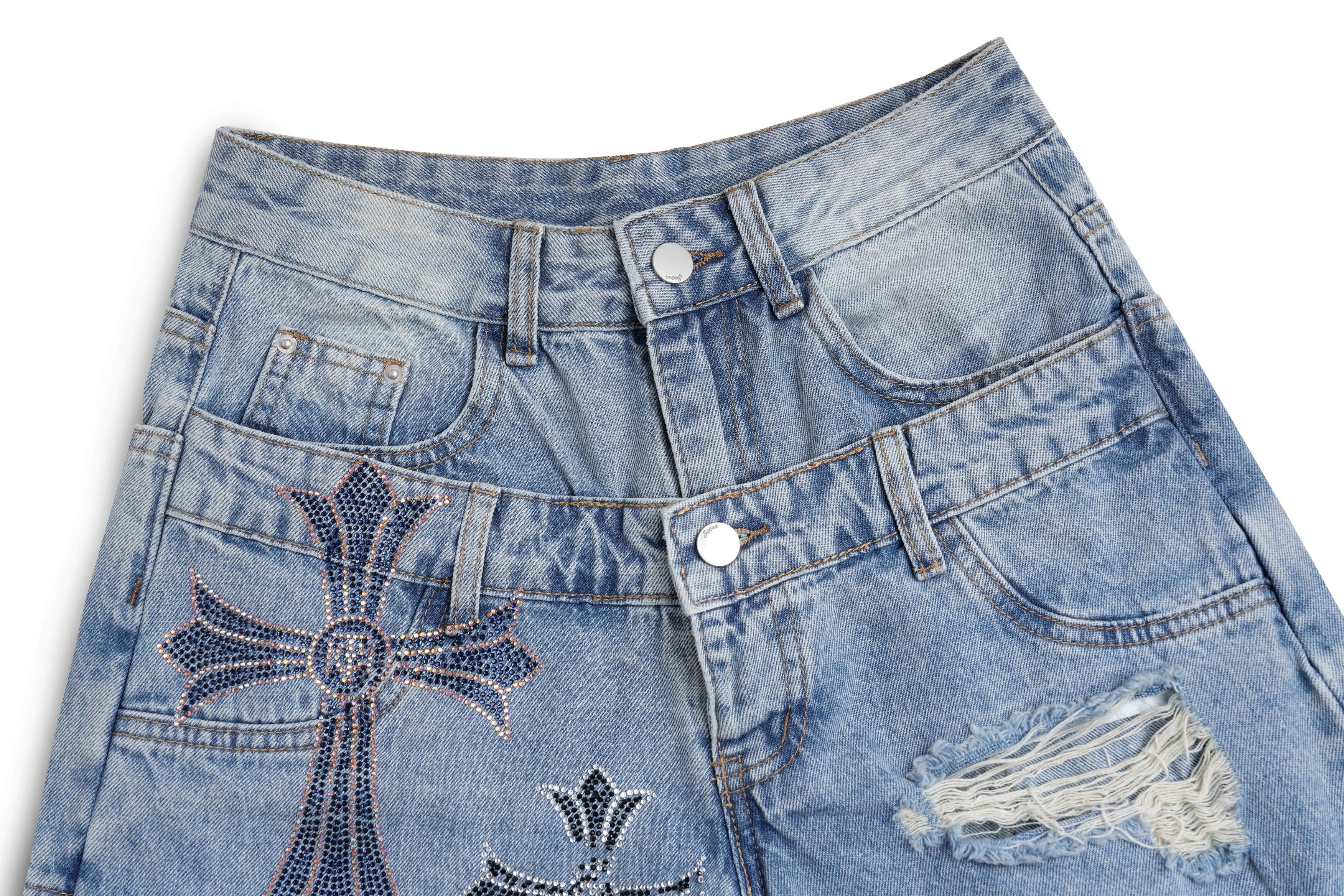 TCH Rhinestone Cross Distressed Cropped Jeans - 5