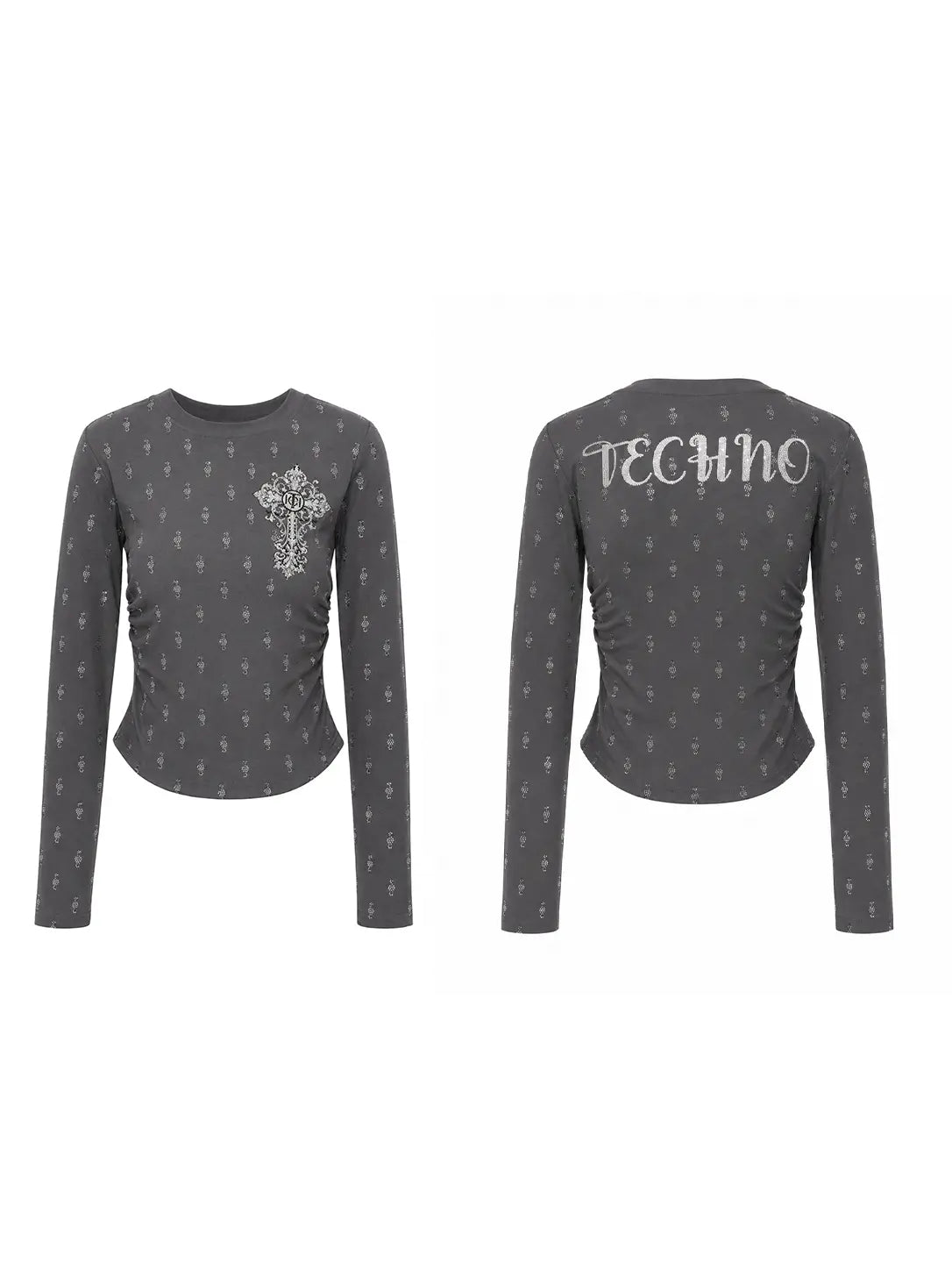 A dark gray long-sleeve top shown from both front and back. The front features a small white cross embellishment on the left chest, and the back is covered in a small white cross pattern with the word 'TECHNO' printed in white across the upper back. TCH Rhinestone Cross Graphic Fitted Long Sleeve Top