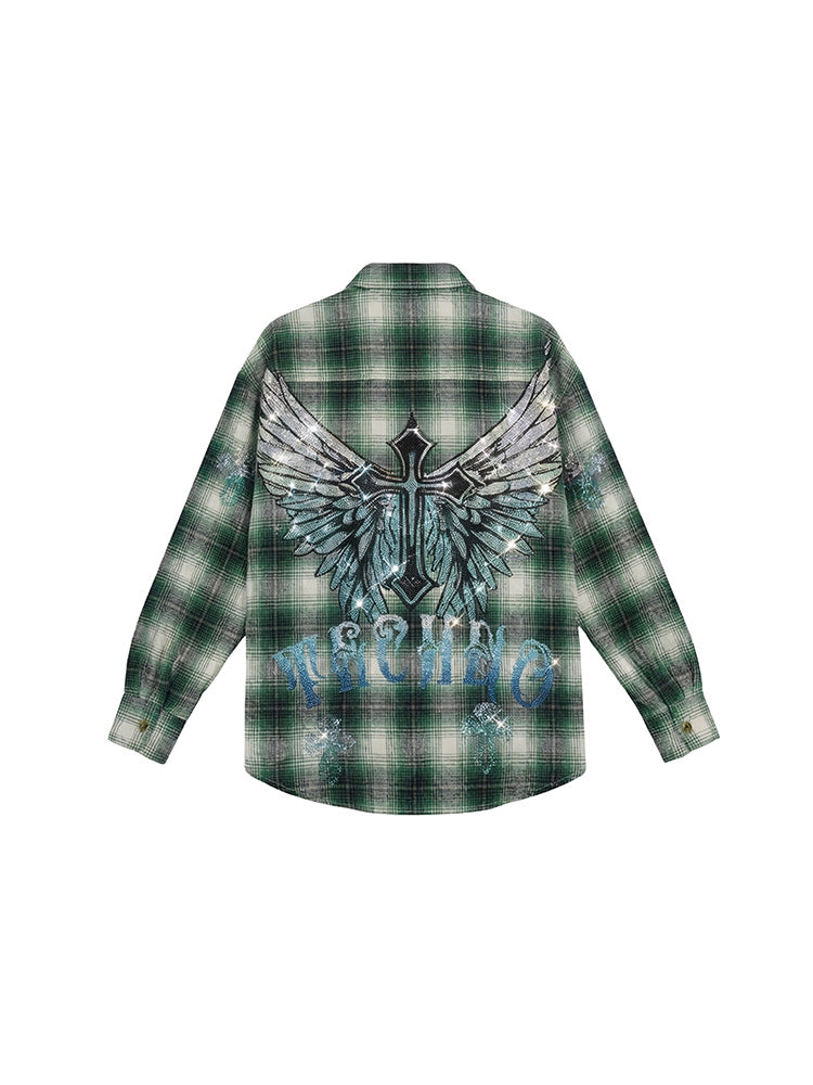 TCH Rhinestone Cross&Wings Plaid Shirt-2