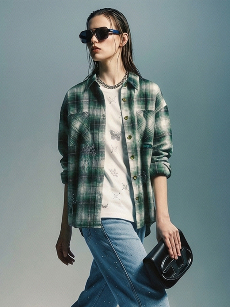 TCH Rhinestone Cross&Wings Plaid Shirt-4
