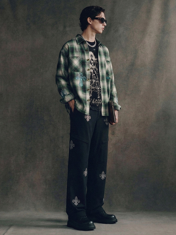 TCH Rhinestone Cross&Wings Plaid Shirt-5