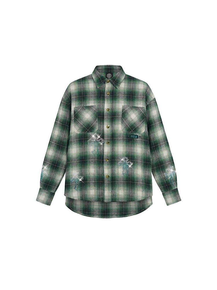 TCH Rhinestone Cross&Wings Plaid Shirt-6