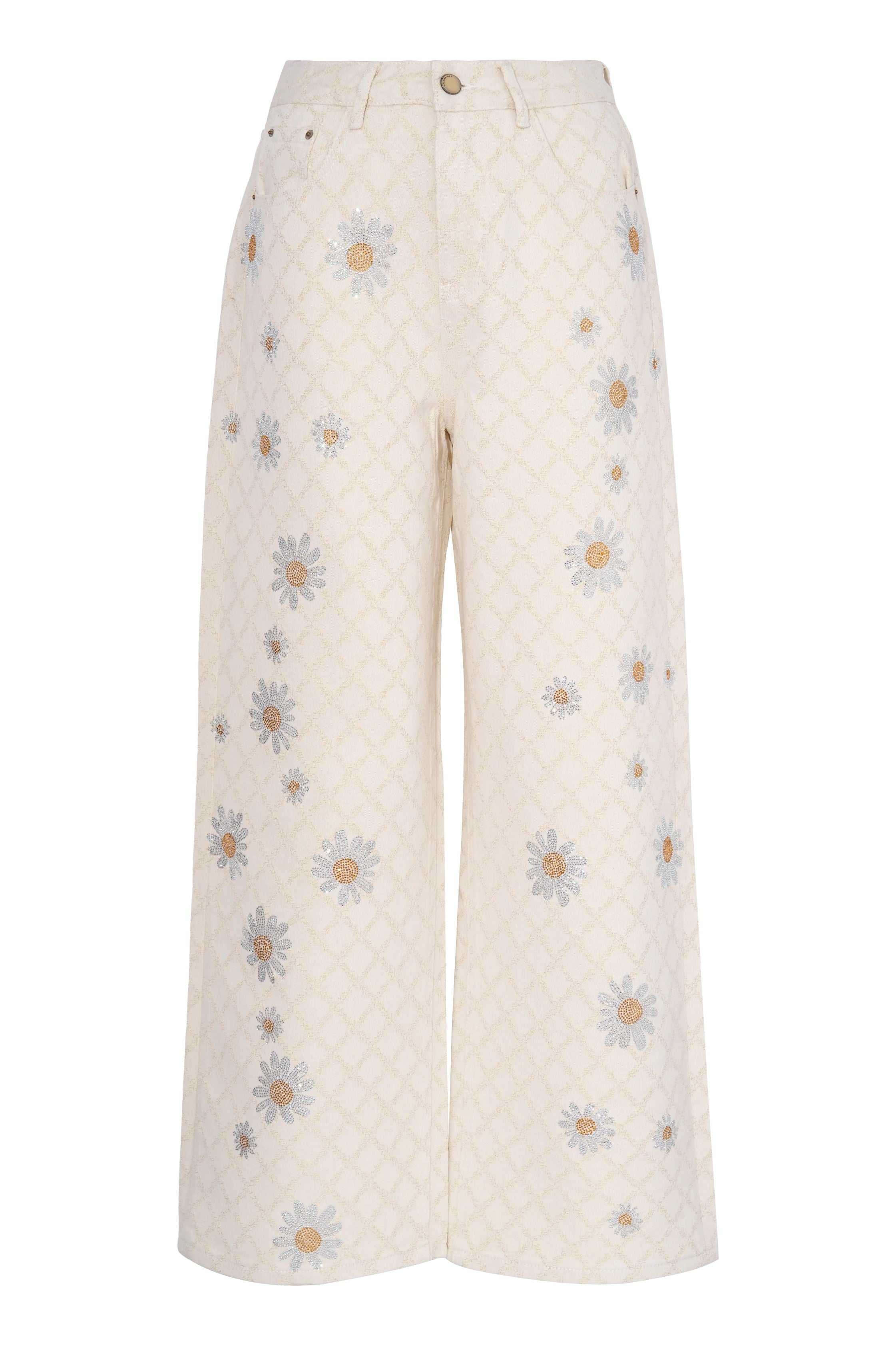 Beige pants with floral embroidery on a white background, TCH Rhinestone Daisy Mesh Pattern Beige Denim Jeans