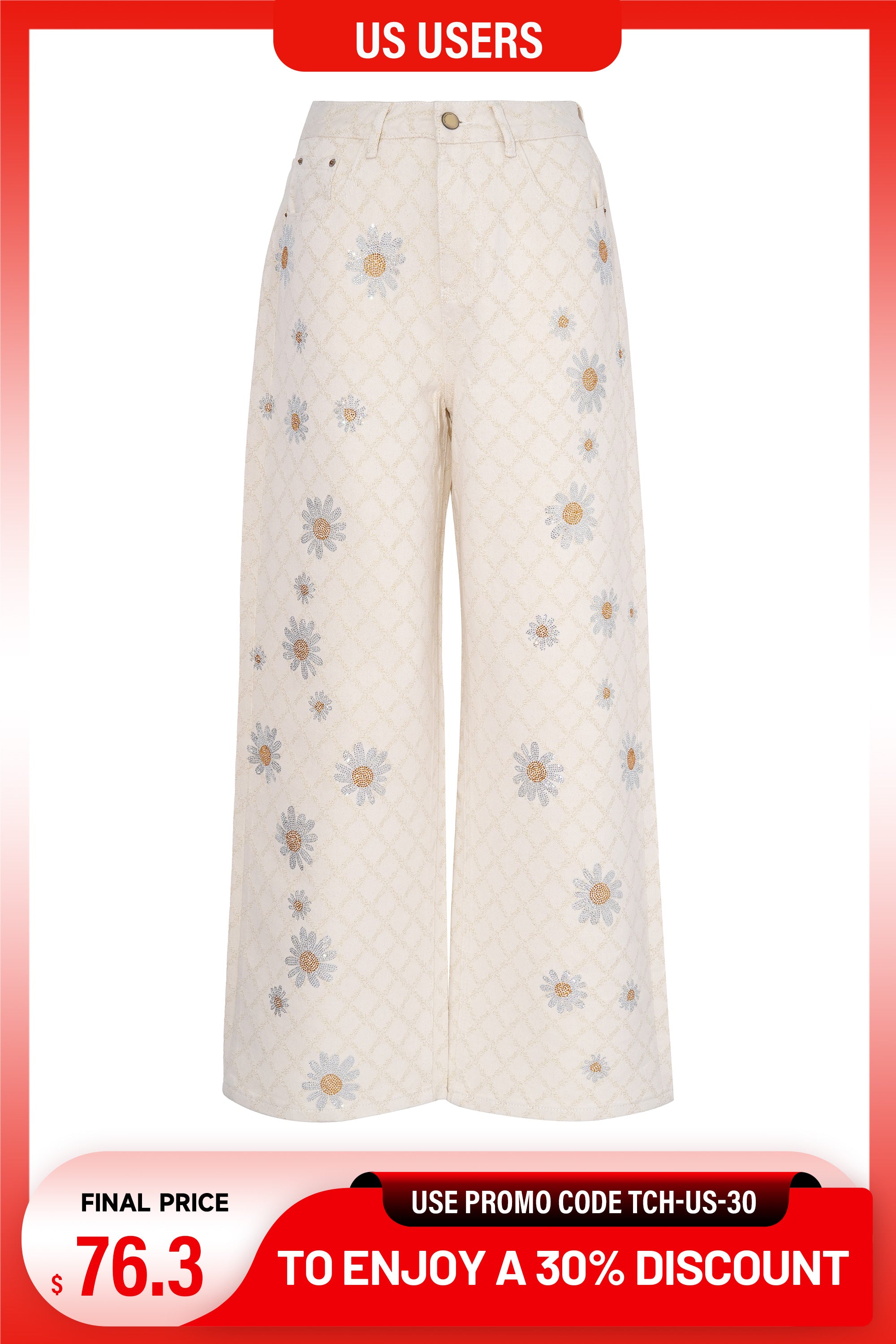Maroon wide-leg pants with lace details on a white background, promotional banner at the bottom. TCH Rhinestone Daisy Mesh Pattern Beige Denim Jeans