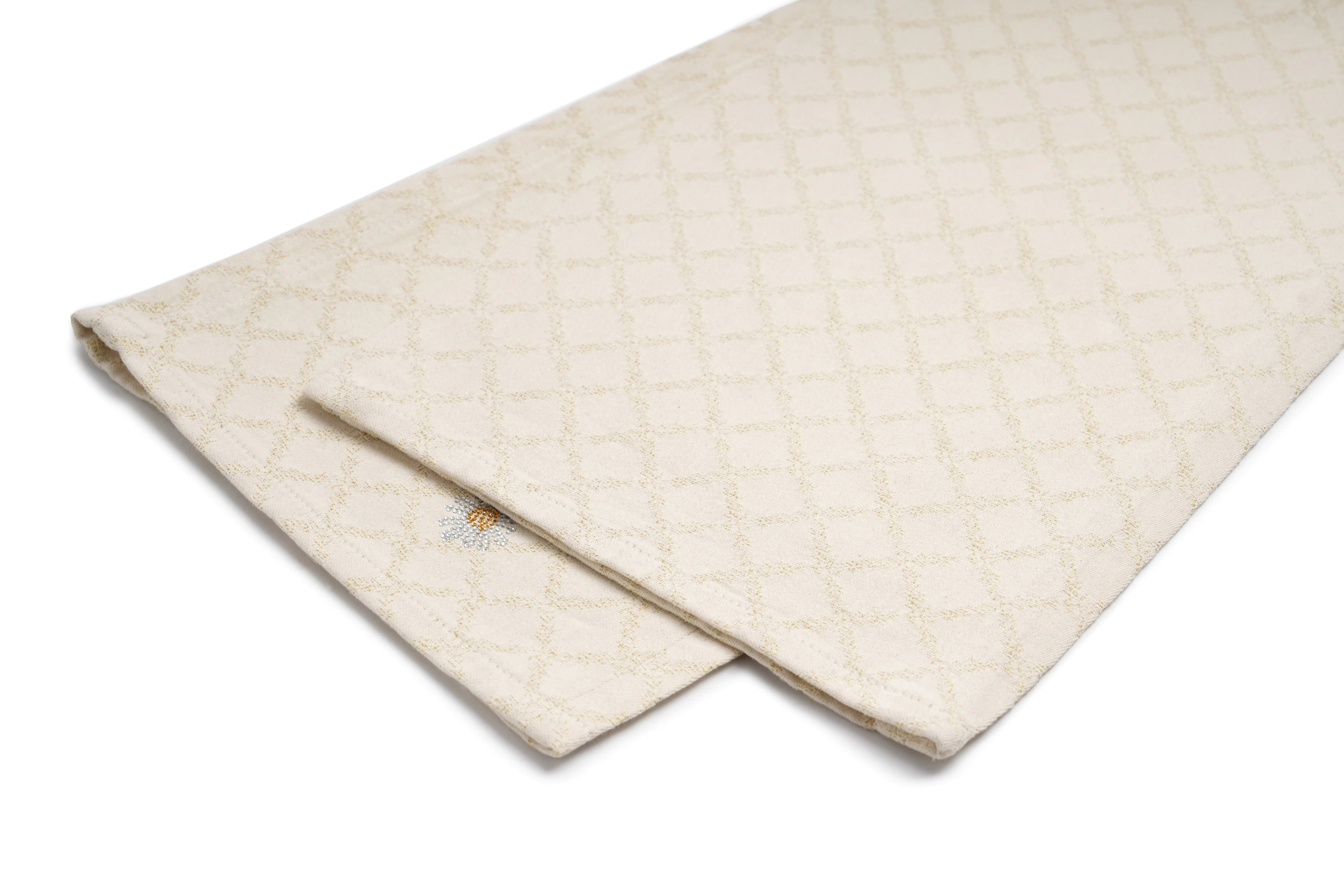Beige quilted blanket on a white background, TCH Rhinestone Daisy Mesh Pattern Beige Denim Jeans