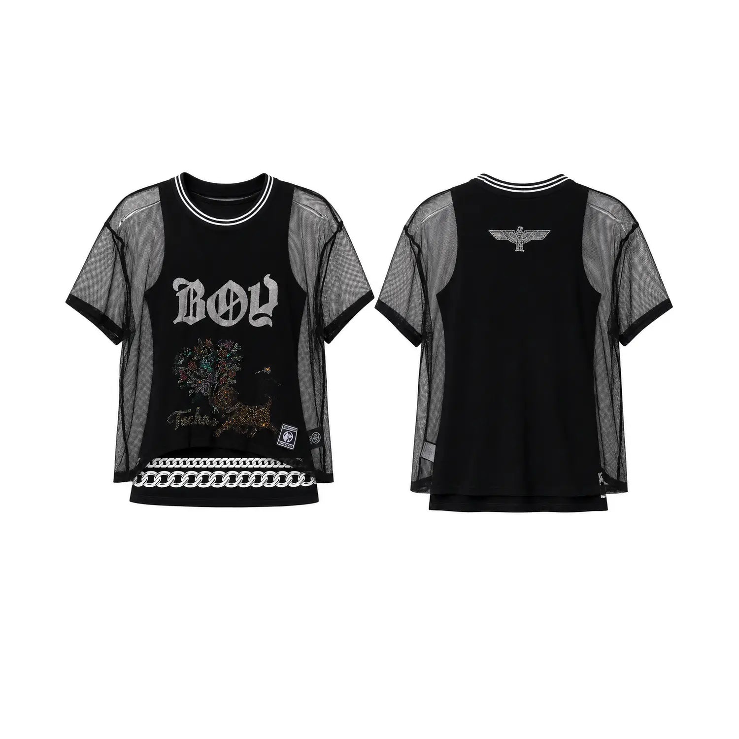 Black short-sleeve graphic T-shirt shown from the front and back on a white background. Features sheer gray mesh side panels, white striped collar, gothic 'BOY' text on the front, a colorful tree graphic, chain print along the hem, and a silver eagle emblem on the back. TCH Rhinestone Deer Graphic Mesh Sleeve Black Streetwear T-Shirt