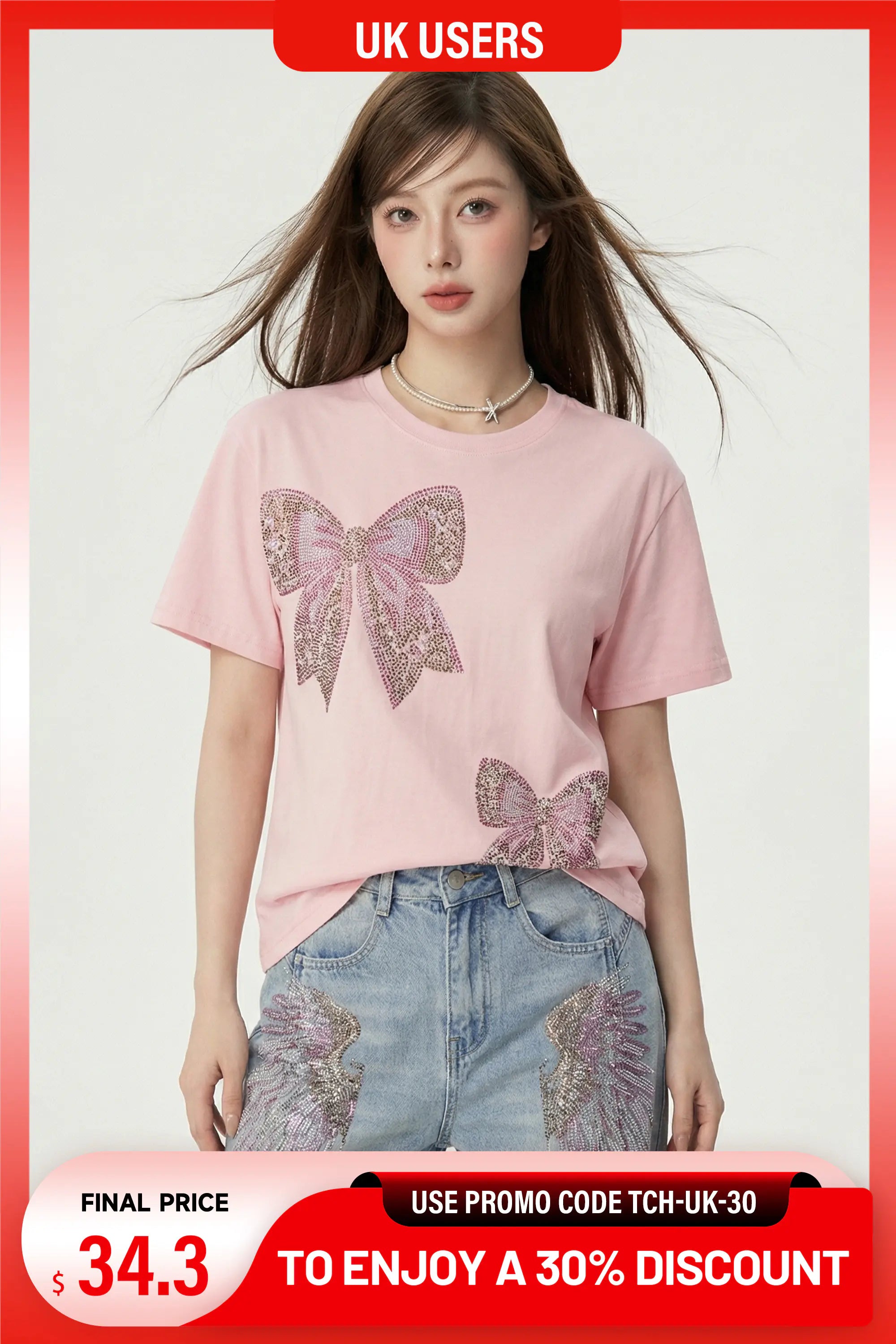 A lightweight scarf with a rust orange and cream abstract pattern, presented on a white background with promotional text banners at the top and bottom. TCH Rhinestone Double Bow Cotton T-Shirt