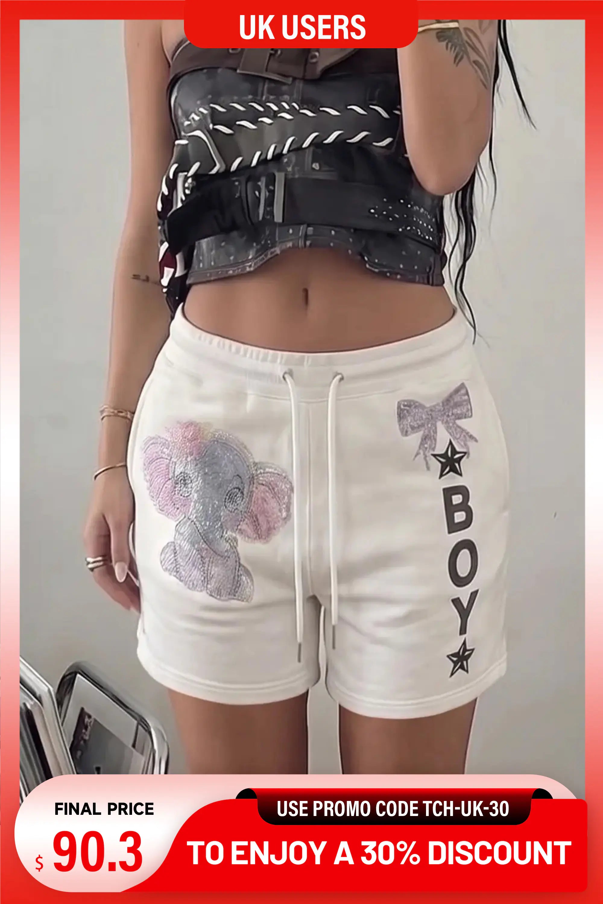 A person wearing white drawstring shorts with a pink elephant graphic on one leg and the word BOY printed vertically in black on the other, paired with a dark patterned crop top. The image has promotional text banners at the top and bottom. TCH Rhinestone Elephant Bow White Casual Shorts
