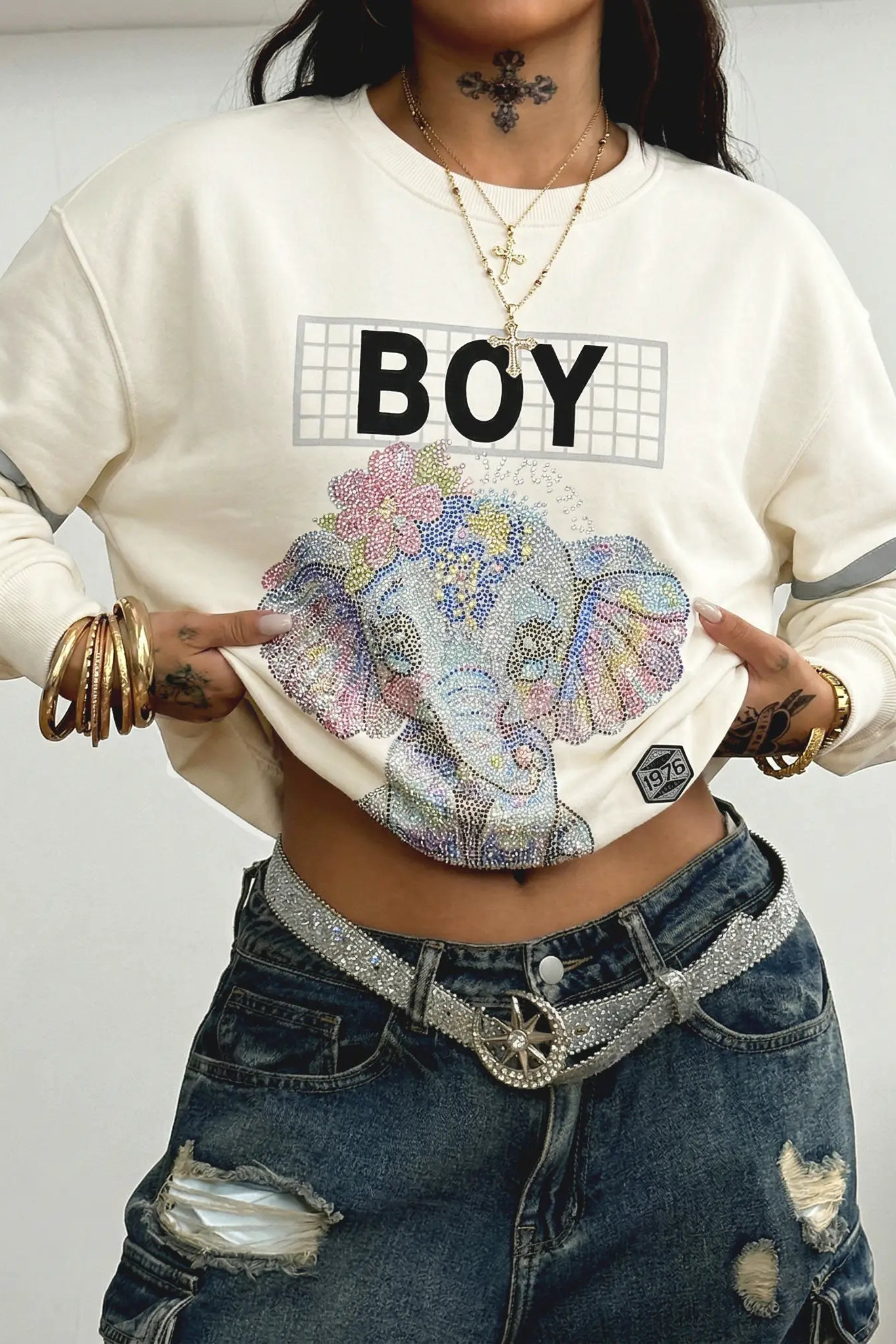TCH Rhinestone Elephant Graphic Crew Neck Sweatshirt