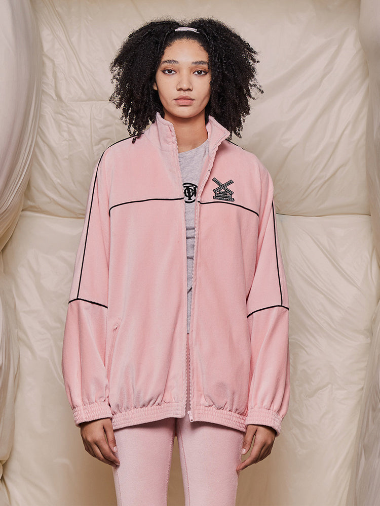 TCH Rhinestone Embroidered Faux Zip Up Jacket pink HighEnd Luxury Streetwear Brand Official Showcase