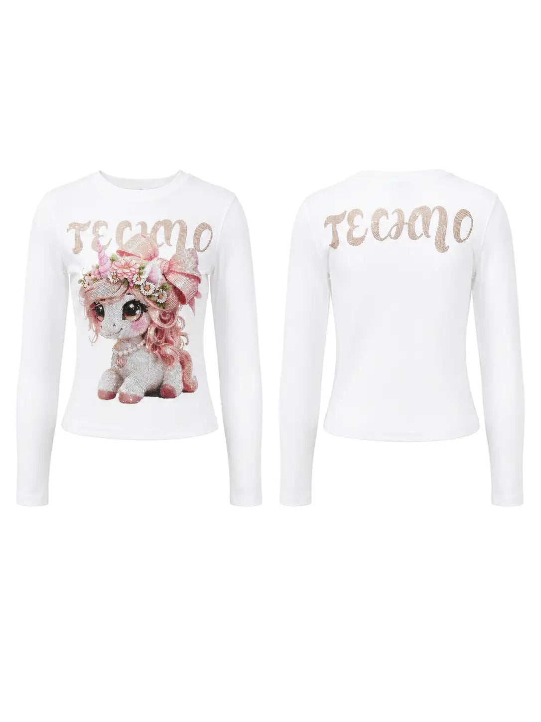 White long-sleeve crop top shown from the front and back. The front features a cute cartoon unicorn graphic with pink hair and a flower crown, and the word 'TECHMO' printed in a metallic rose-gold tone. TCH Rhinestone Fantasy Unicorn Graphic Long Sleeve T-Shirt