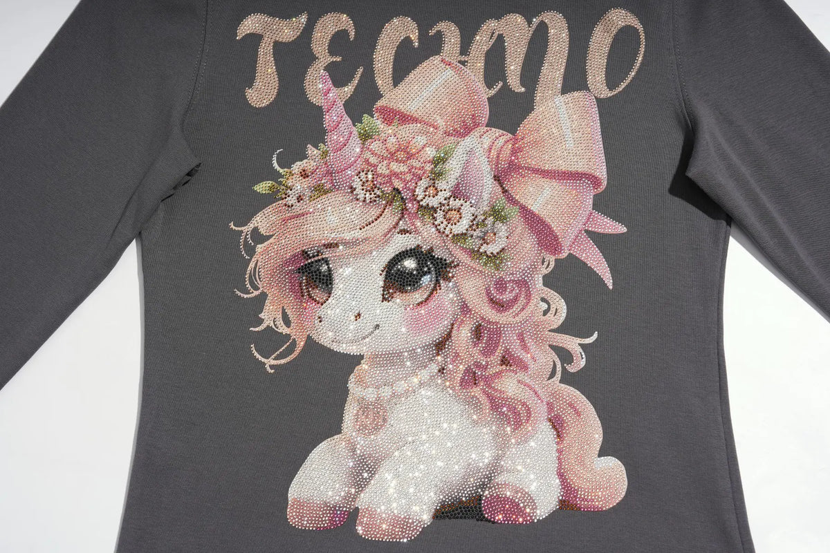 A dark gray long-sleeve shirt featuring a large glittery graphic of a cute pink and white unicorn with a floral crown and bow, and the word 'TECMO' in glittery gold letters across the chest. TCH Rhinestone Fantasy Unicorn Graphic Long Sleeve T-Shirt