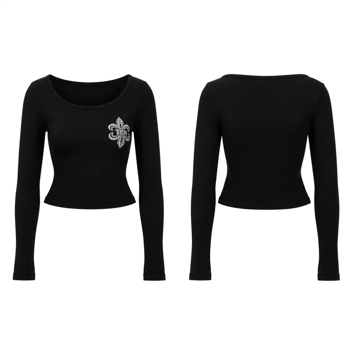 Black long-sleeve crop top shown from the front and back, featuring a scoop neckline and a silver rhinestone fleur-de-lis emblem on the left chest. TCH Rhinestone Fleur-de-Lis Fitted Long Sleeve Top