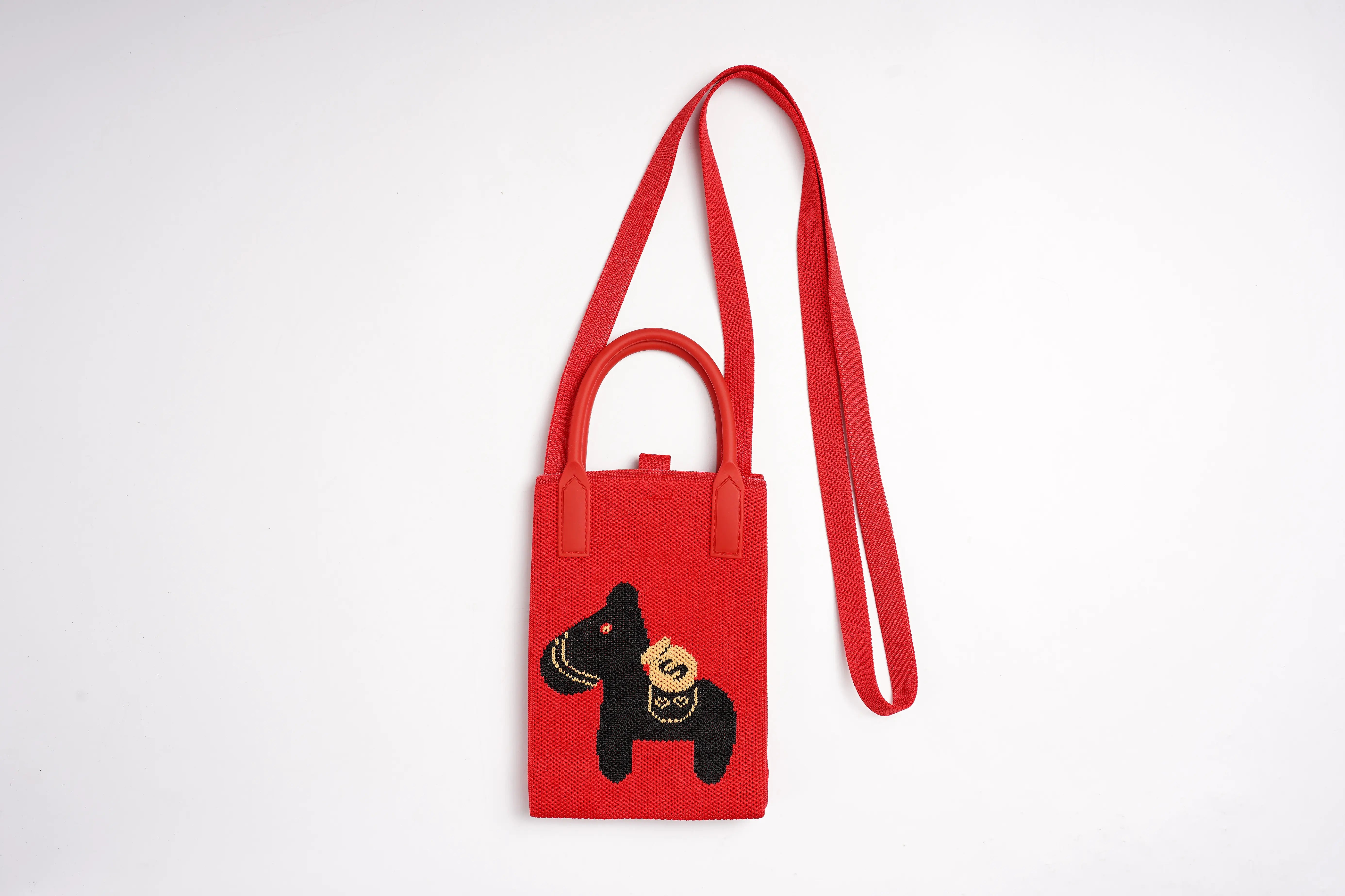 Red bag with a black dog design on a white background, TCH Rhinestone Floral Black Horse Red Crossbody & Handbag