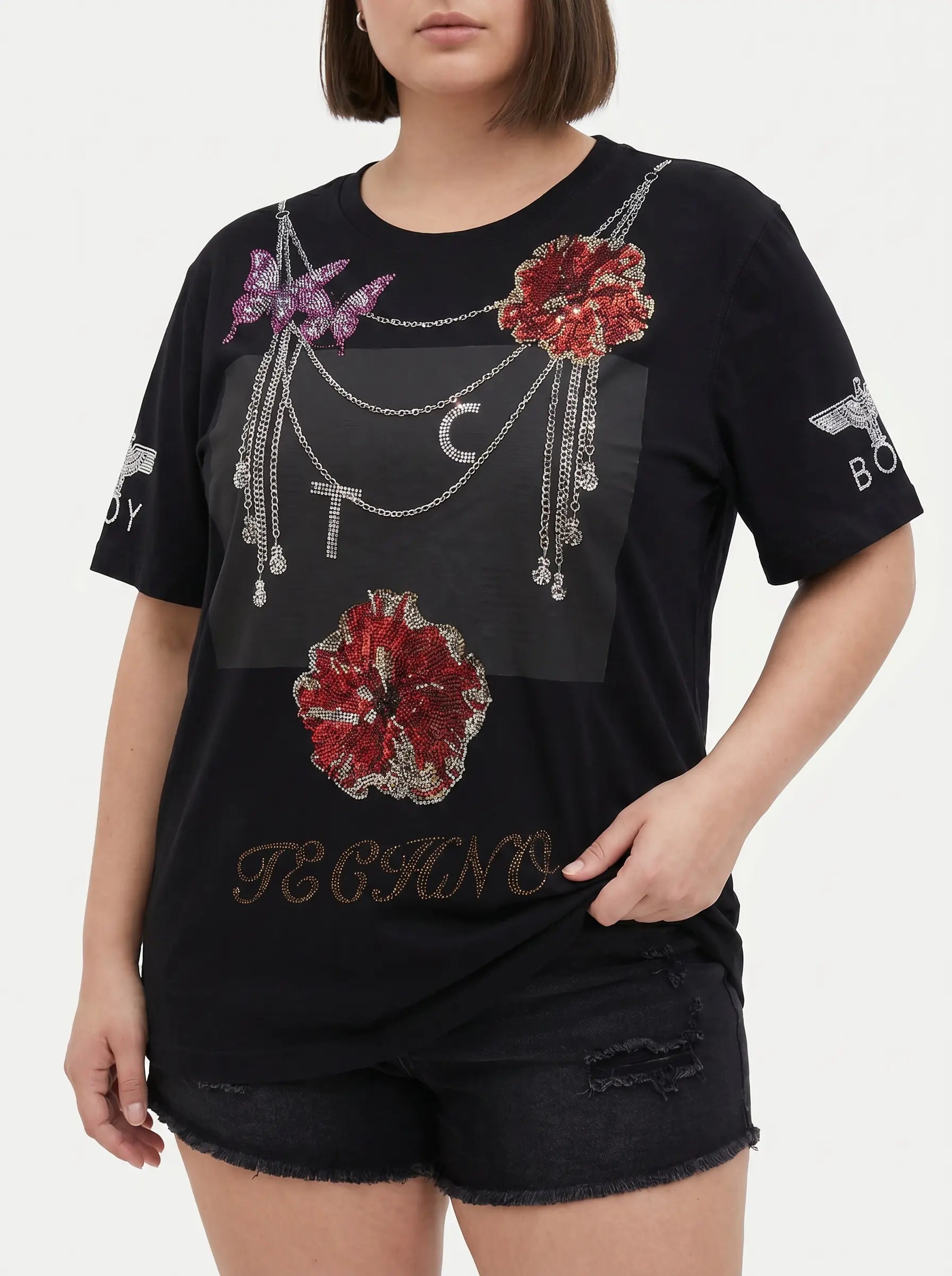 TCH Rhinestone Floral Chain Graphic Black T-Shirt - 1