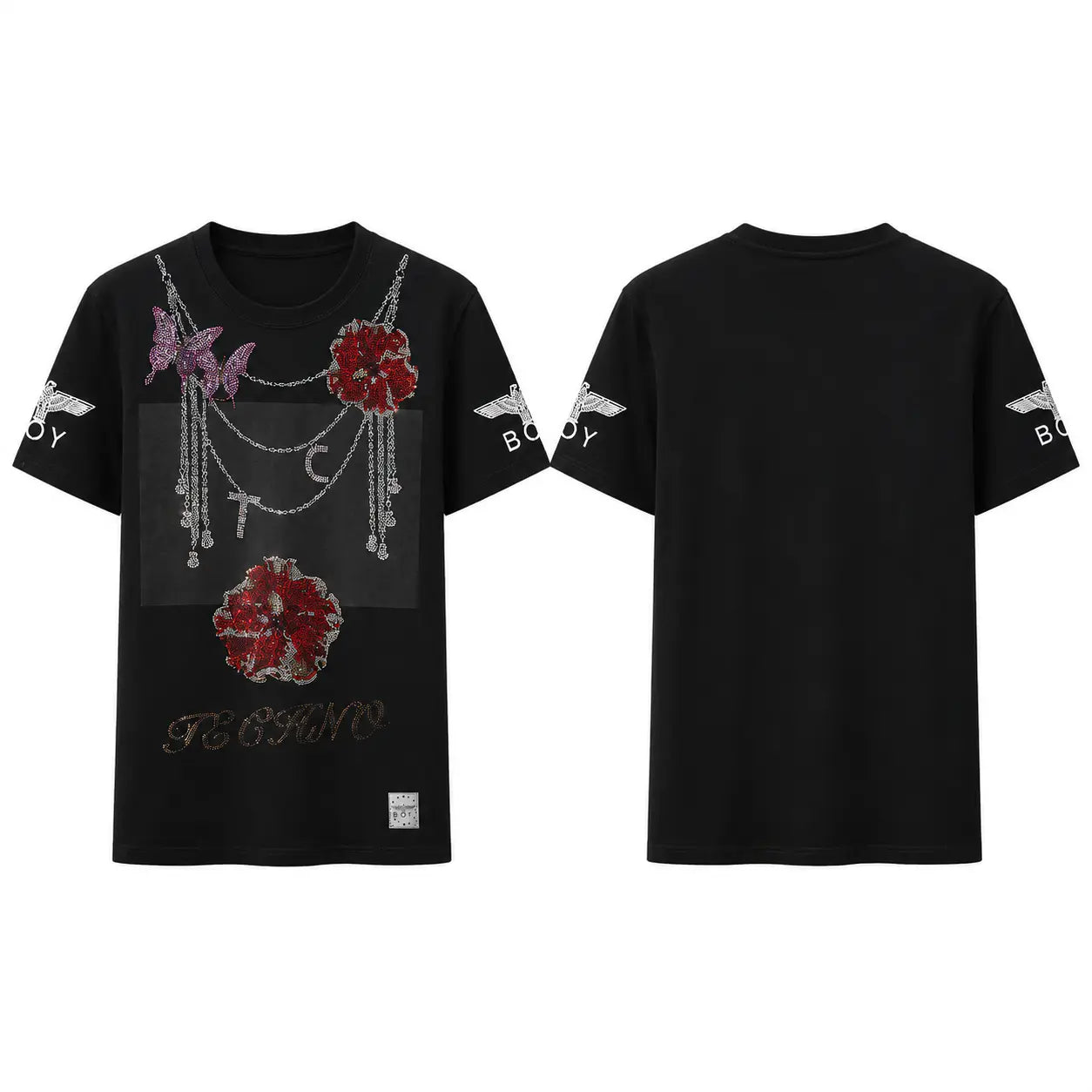 TCH Rhinestone Floral Chain Graphic Black T-Shirt - 4