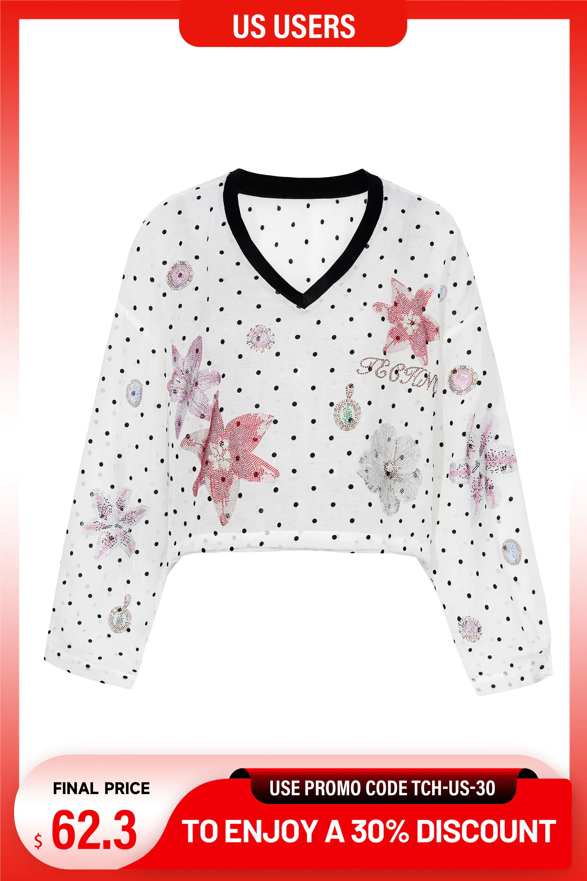 White blouse with black polka dots and pink floral patterns on a red border with text overlay. TCH Rhinestone Floral Garden Polka Dot Long Sleeve Top
