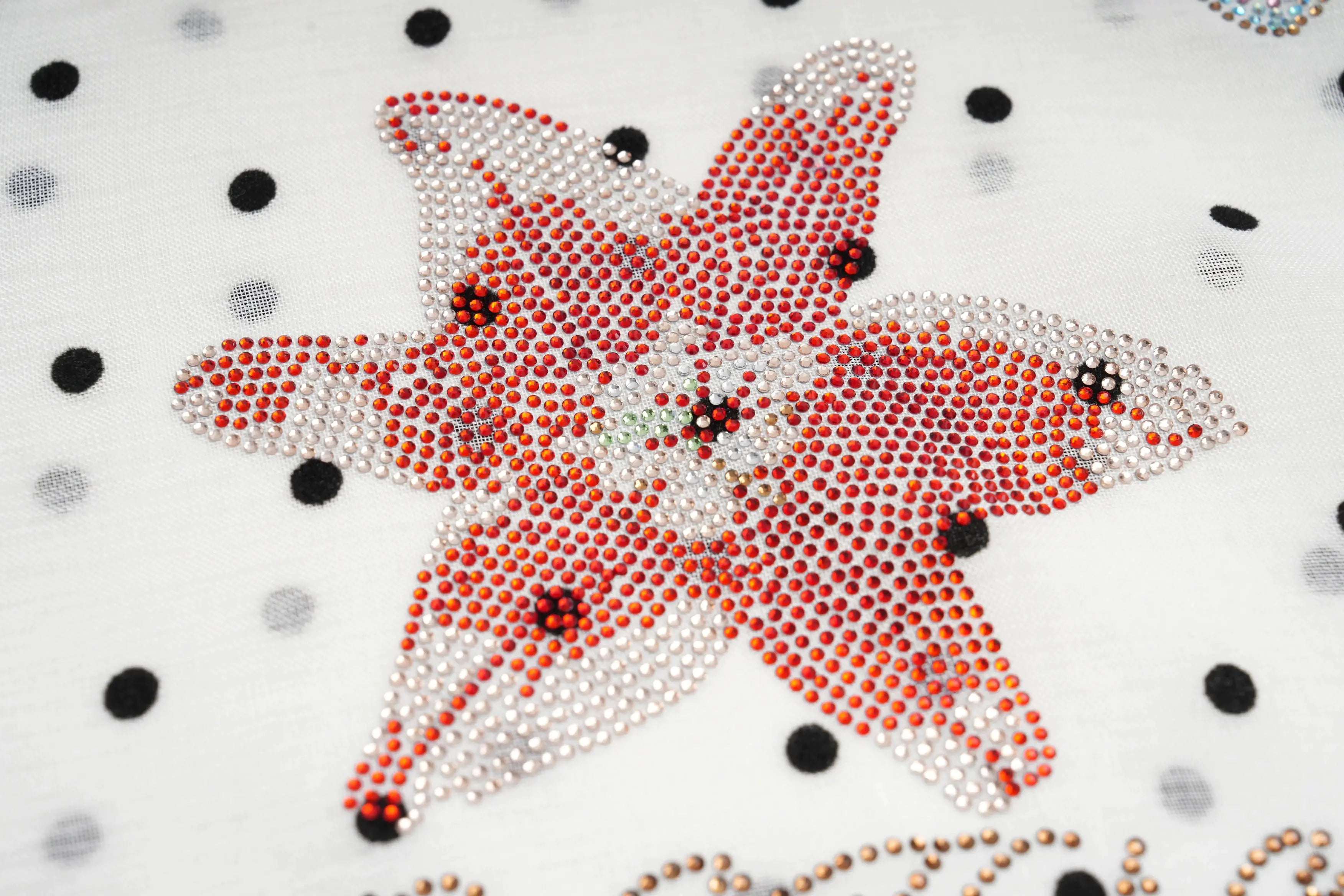 Starfish design made with red, white, and black beads on a white background with black dots. TCH Rhinestone Floral Garden Polka Dot Long Sleeve Top
