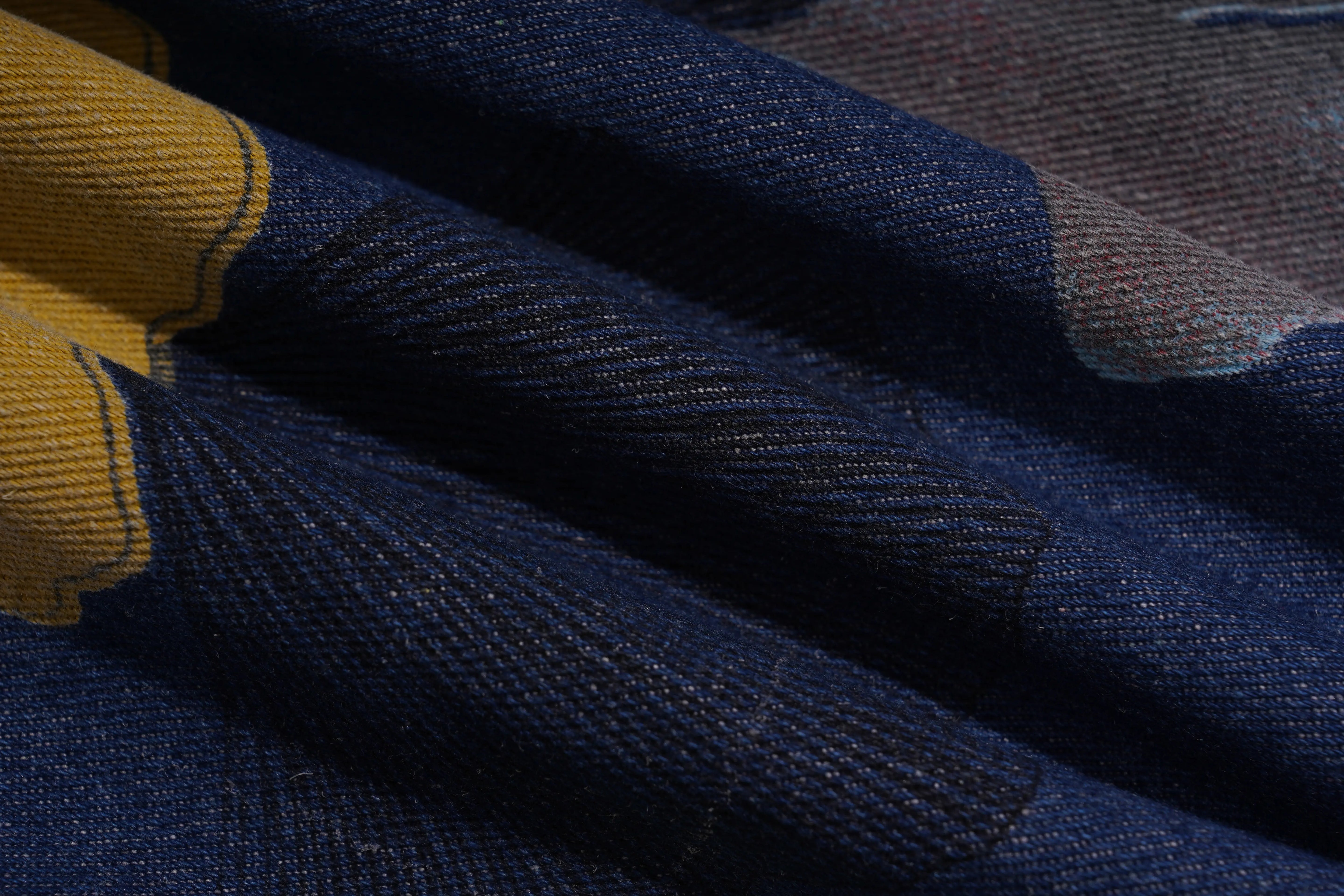 Close-up of fabric with blue and yellow pattern, TCH Rhinestone Floral Ginkgo Print Denim Shorts