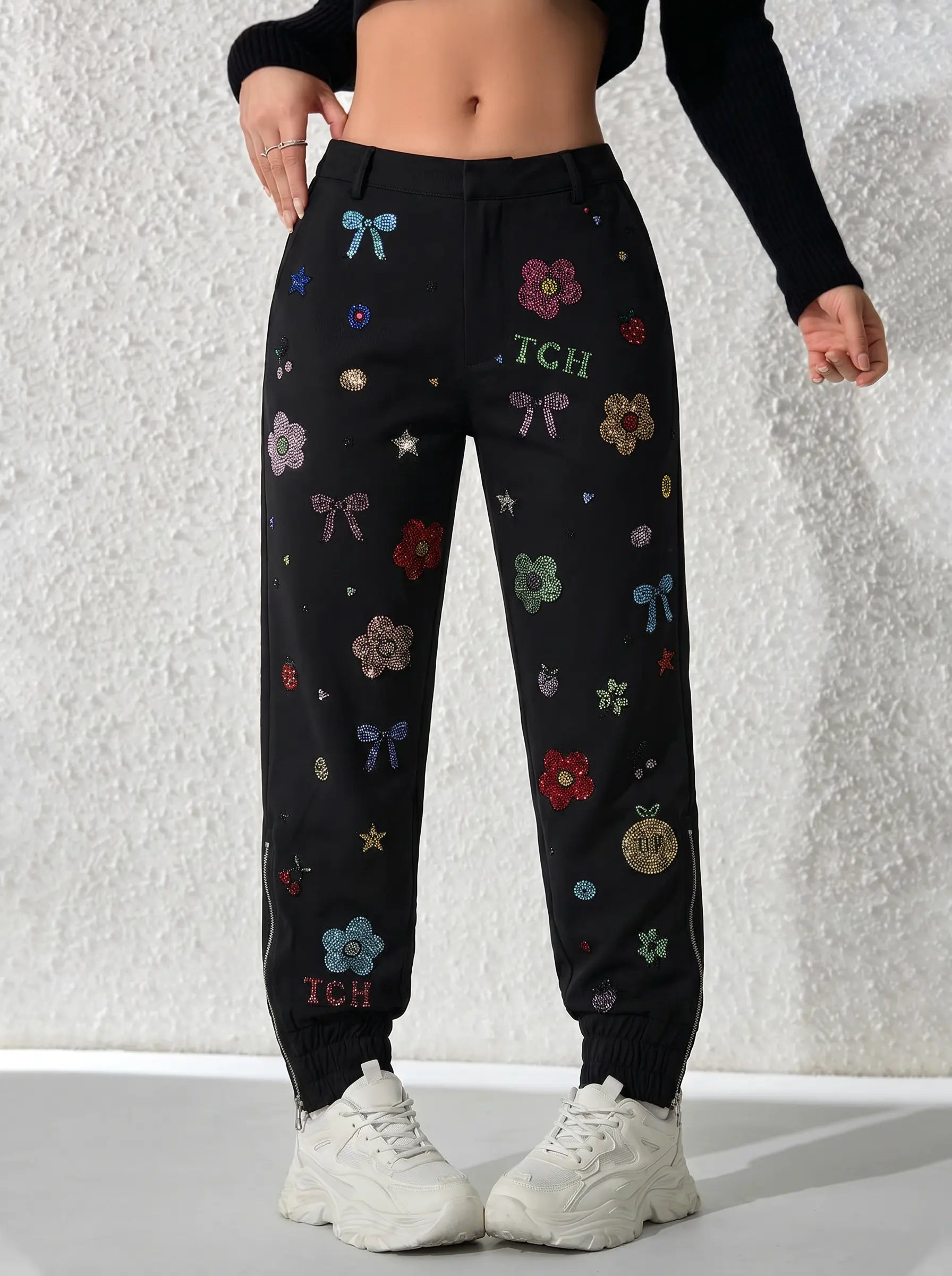 TCH Rhinestone Floral Jogger Pants - 1