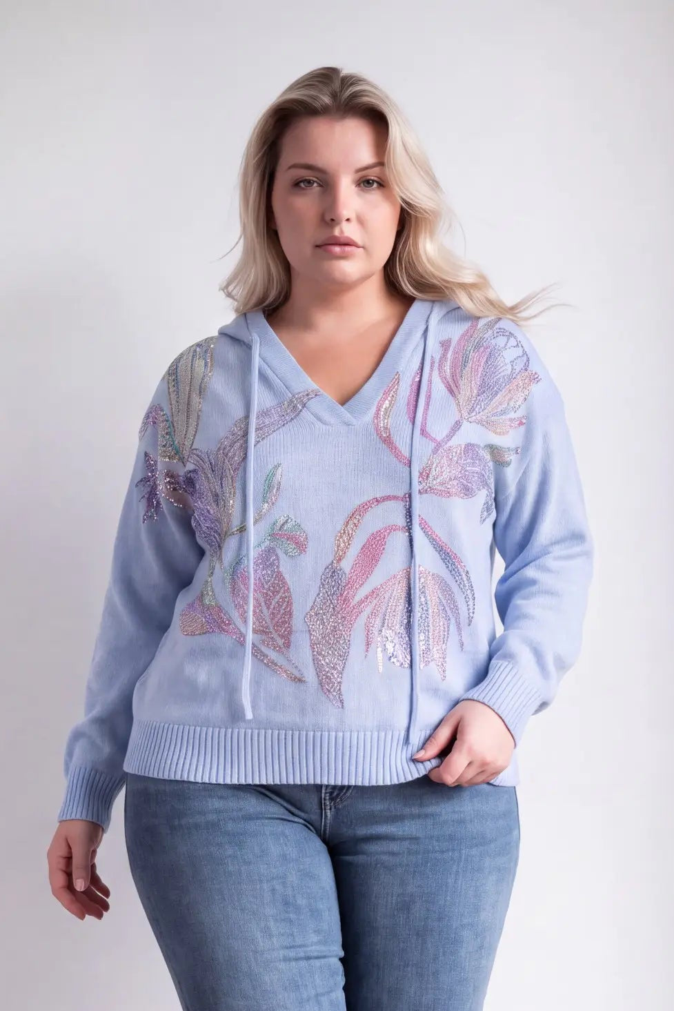 TCH Rhinestone Floral Print Blue Knit Hoodie Luxury Streetwear Brand Official Showcase