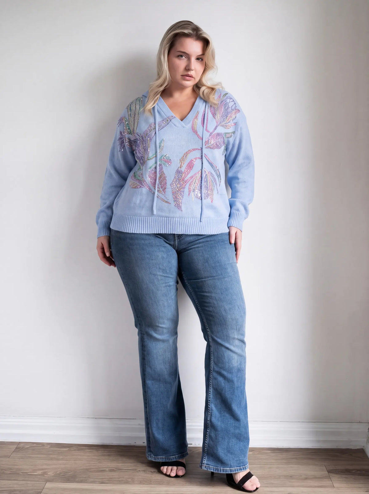 TCH Rhinestone Floral Print Blue Knit Hoodie Luxury Streetwear Brand Official Showcase