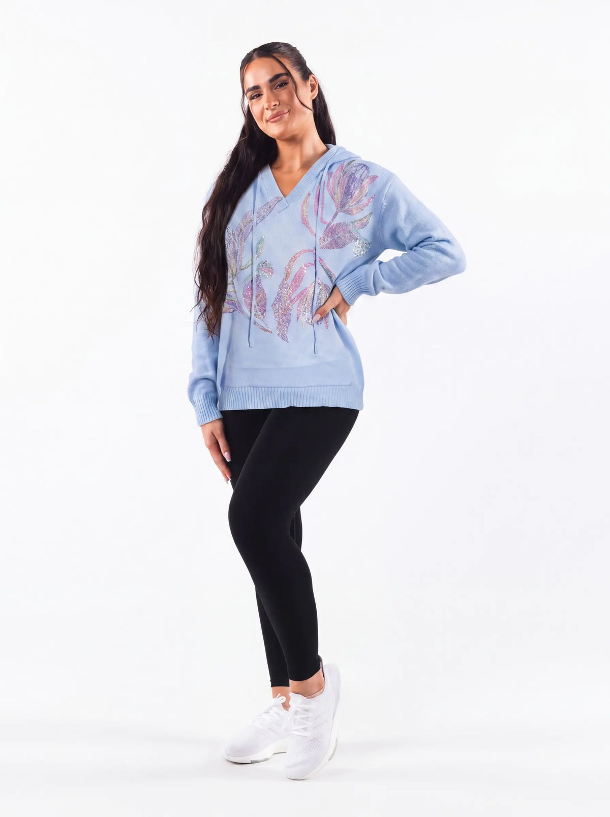 TCH Rhinestone Floral Print Blue Knit Hoodie Luxury Streetwear Brand Official Showcase