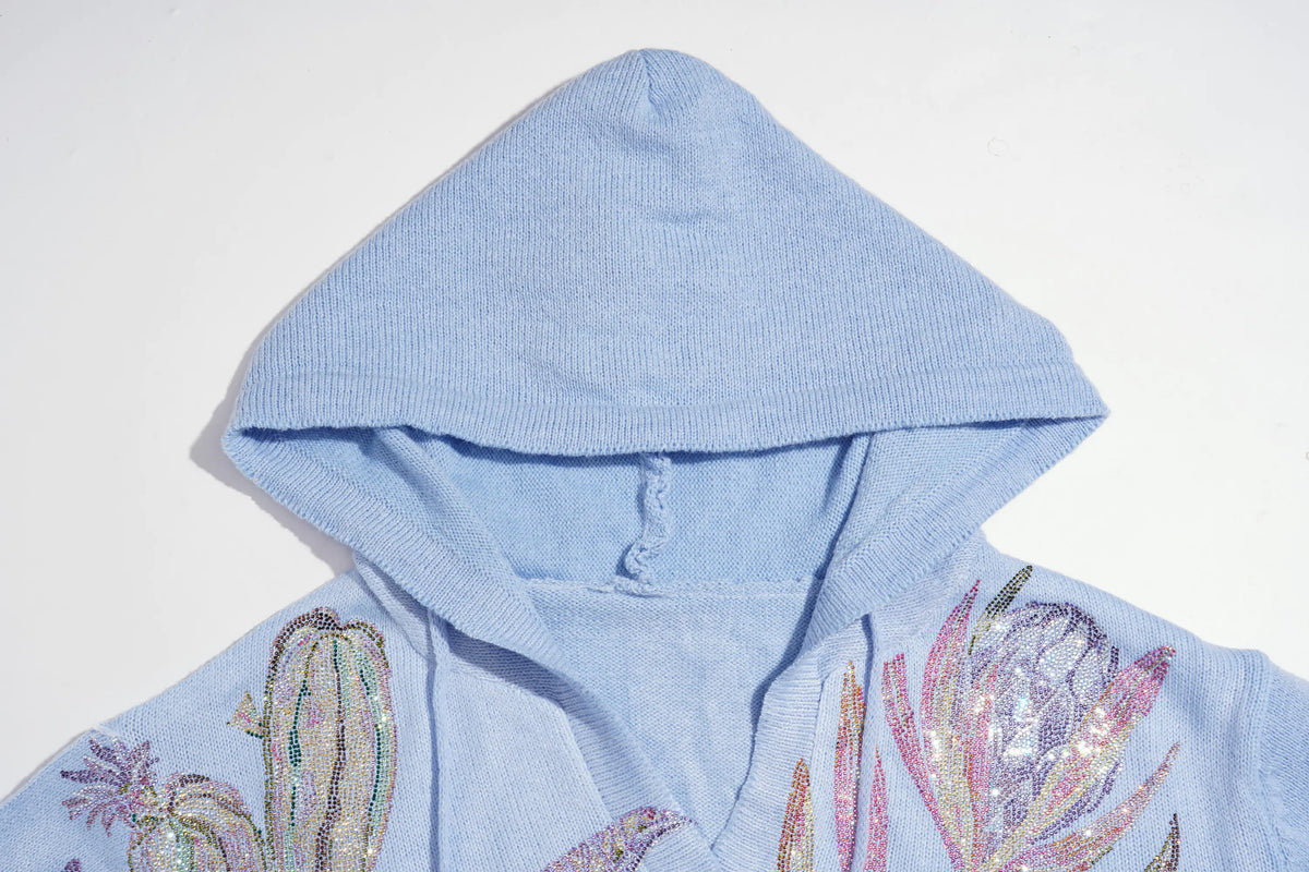 TCH Rhinestone Floral Print Blue Knit Hoodie Luxury Streetwear Brand Official Showcase