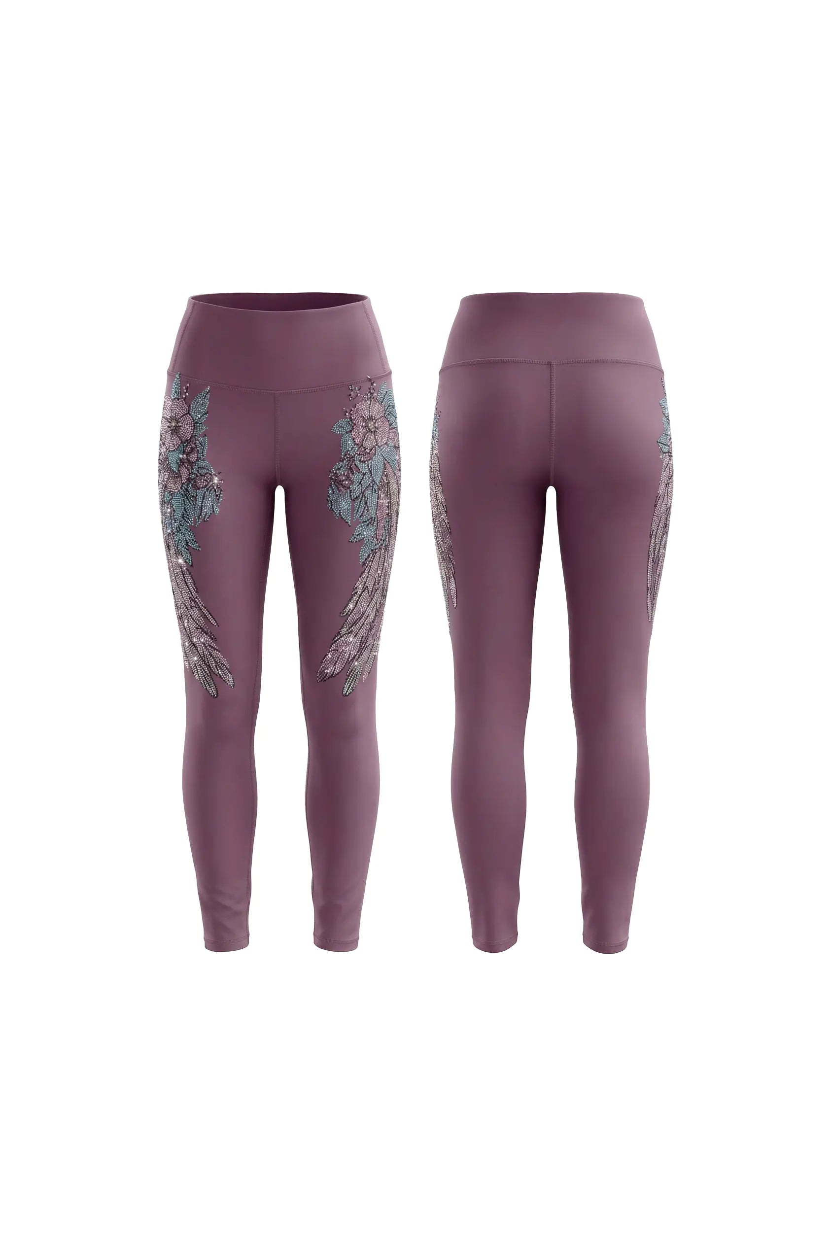 Pair of purple leggings with floral patterns on a white background. TCH Rhinestone Floral Wing High-Waist Leggings
