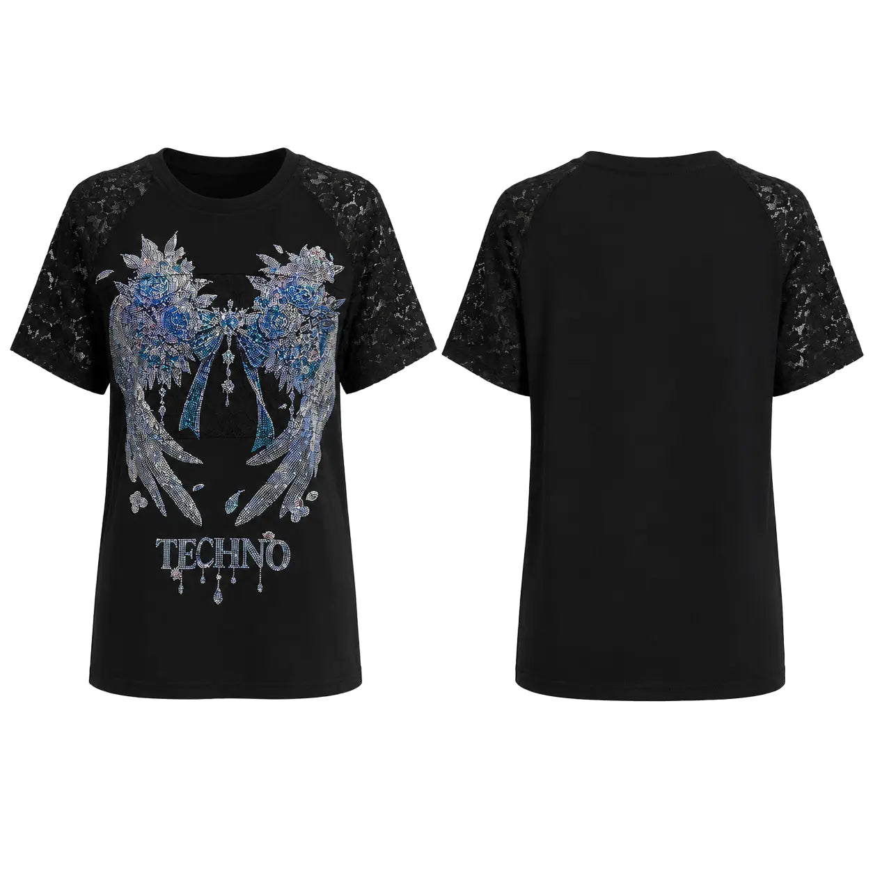 Black short-sleeve t-shirt shown from the front and back, featuring a large rhinestone-embellished blue and silver wing graphic on the front with the word 'TECHNO' below it, and textured lace-like sleeves. TCH Rhinestone Floral Wing Techno Graphic T-Shirt